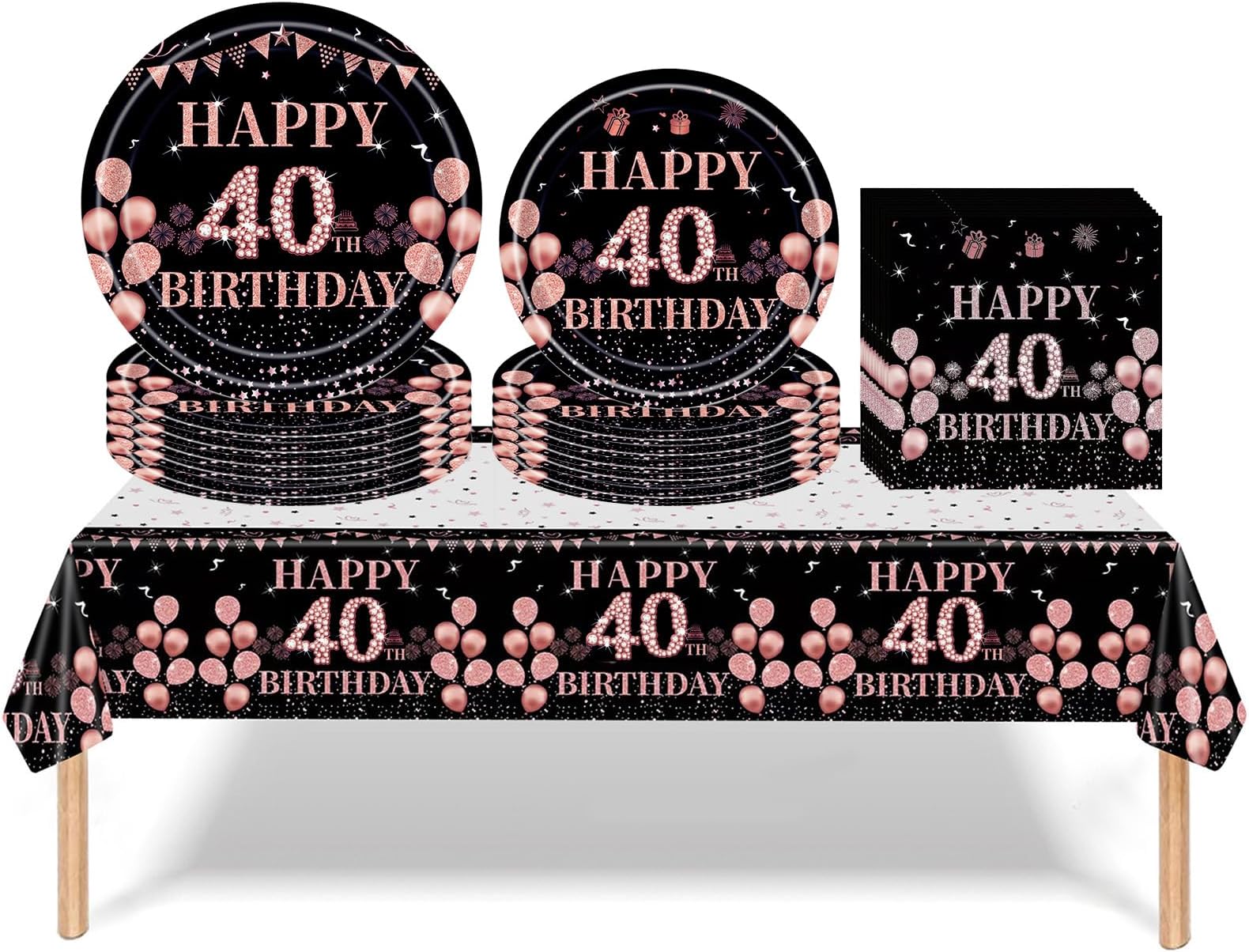 53PCS Black Rose Gold 40th Birthday Party Tableware Decorations for Women Birthday,Disposable Party Tableware Set Black Rose 40th Table Cloth,7inch,9inch Paper Plates,Napkins for Women,Her Dinnerware