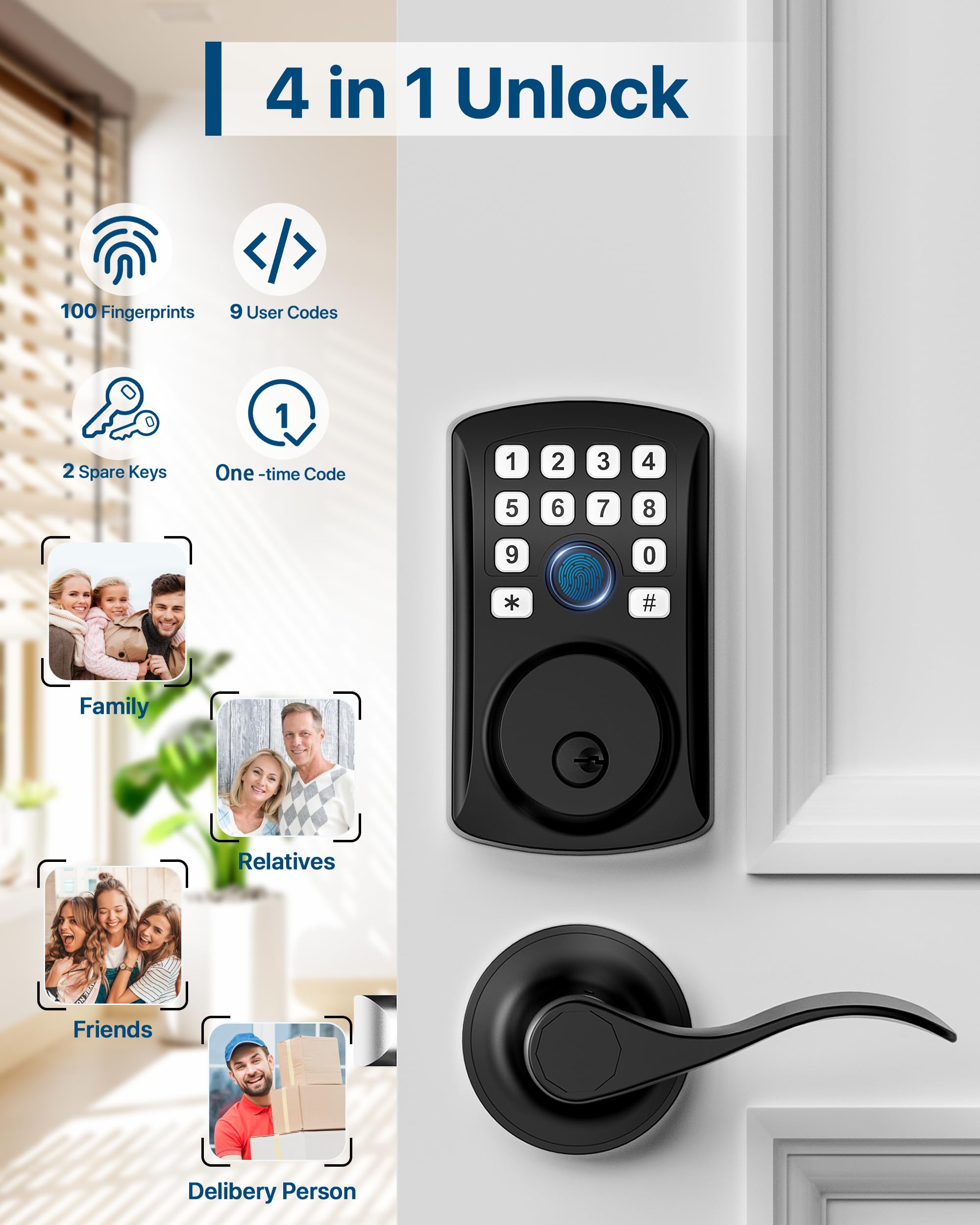 HIDALIFE Fingerprint Door Lock with 2 Door Lever Set, Keyless Entry Deadbolt with Handle Set, Keyless Entry Door Lock with Keypad, Front Digital Smart Code for Home, Apartment, Matte Black