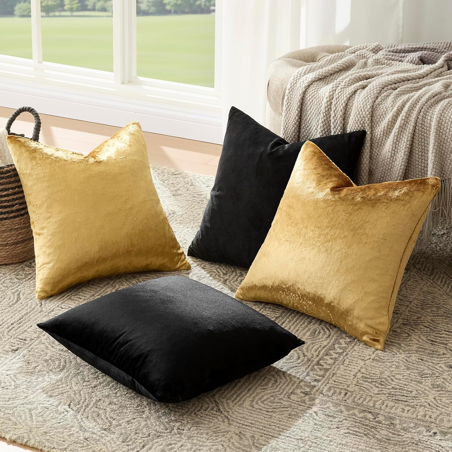 GIGIZAZA Decorative Throw Pillow Covers 18 x 18,Gold Black Soft, Set of 4 Square Velvet Cushion Covers - Image 8