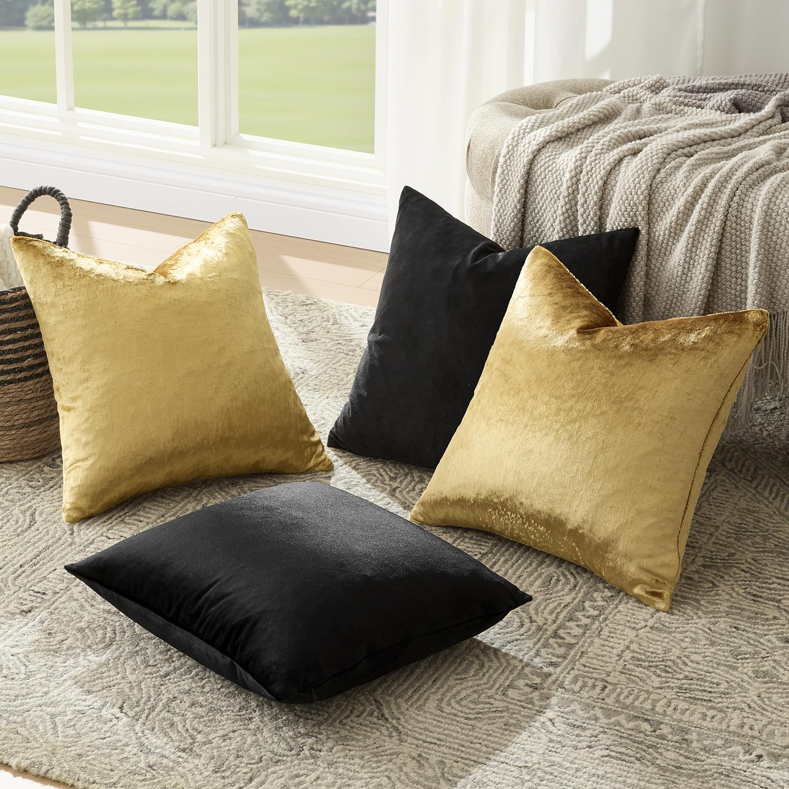 GIGIZAZA Decorative Throw Pillow Covers 18 x 18,Gold Black Soft, Set of 4 Square Velvet Cushion Covers