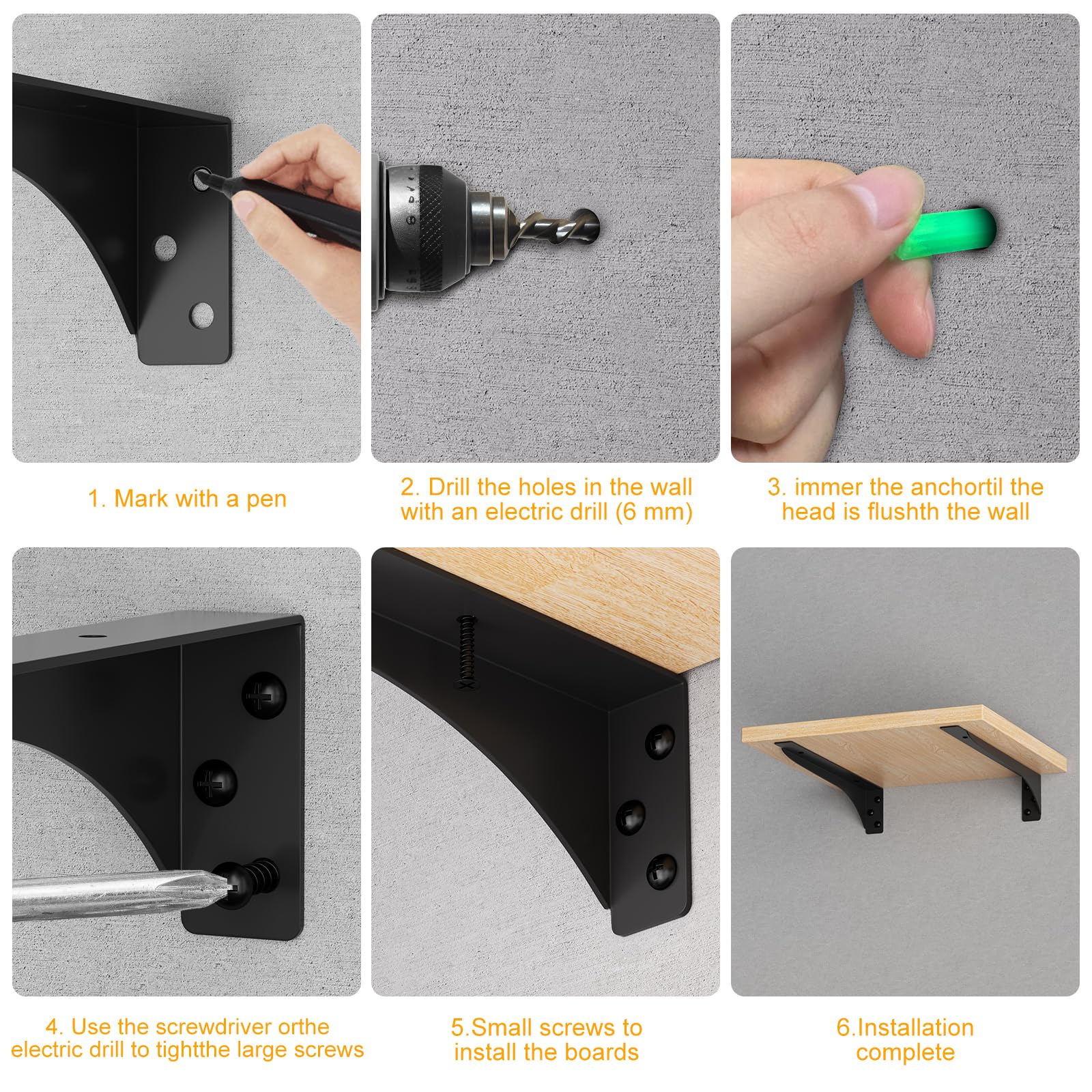 Mordx 6pcs Heavy Duty Metal Shelf Brackets - 90° Wall Mount, Floating, Black, 25CM - Image 4