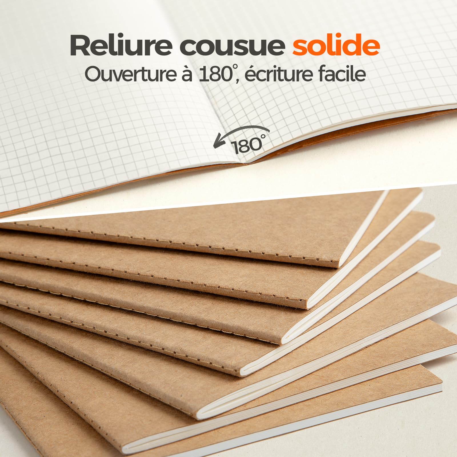 Lot De 50 Carnets Kraft A5, 60 Pages Quadrillées, 21x14 cm, Cahiers Kraft | Couverture Kraft Naturelle, Papier 80 g/m², Pour Écoles, Bureaux, Classes, Ateliers, Notes, Croquis, Réunions Et Devoirs