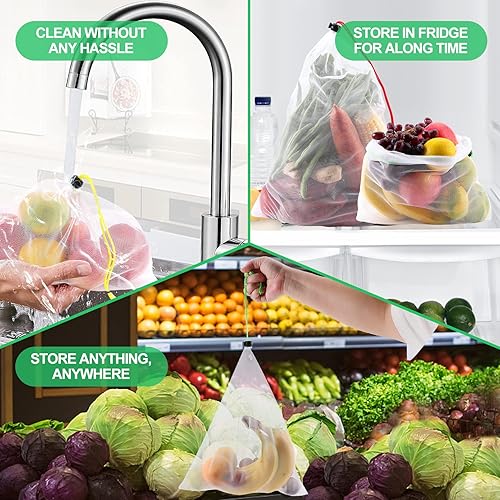 Miniatura 6 de Paquete de 20 bolsas reutilizables para productos, bolsas de malla lavables, bolsas transparentes de verduras y frutas, bolsas de malla de