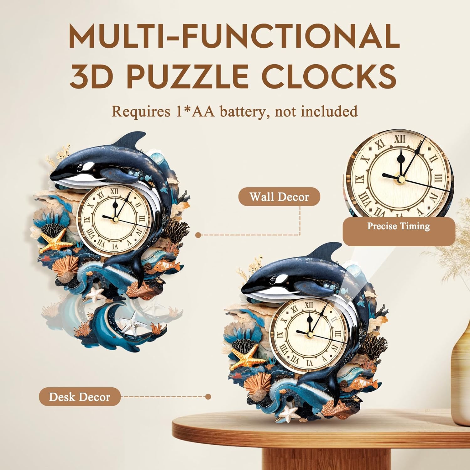 Cutywood 3D Puzzles for Adults Clock-Killer Whale Design Model Kit-Mechanical DIY Pendulum Clock with Roman Numerals-Desk Home Office Decor Personalized Gift for DIY Lovers