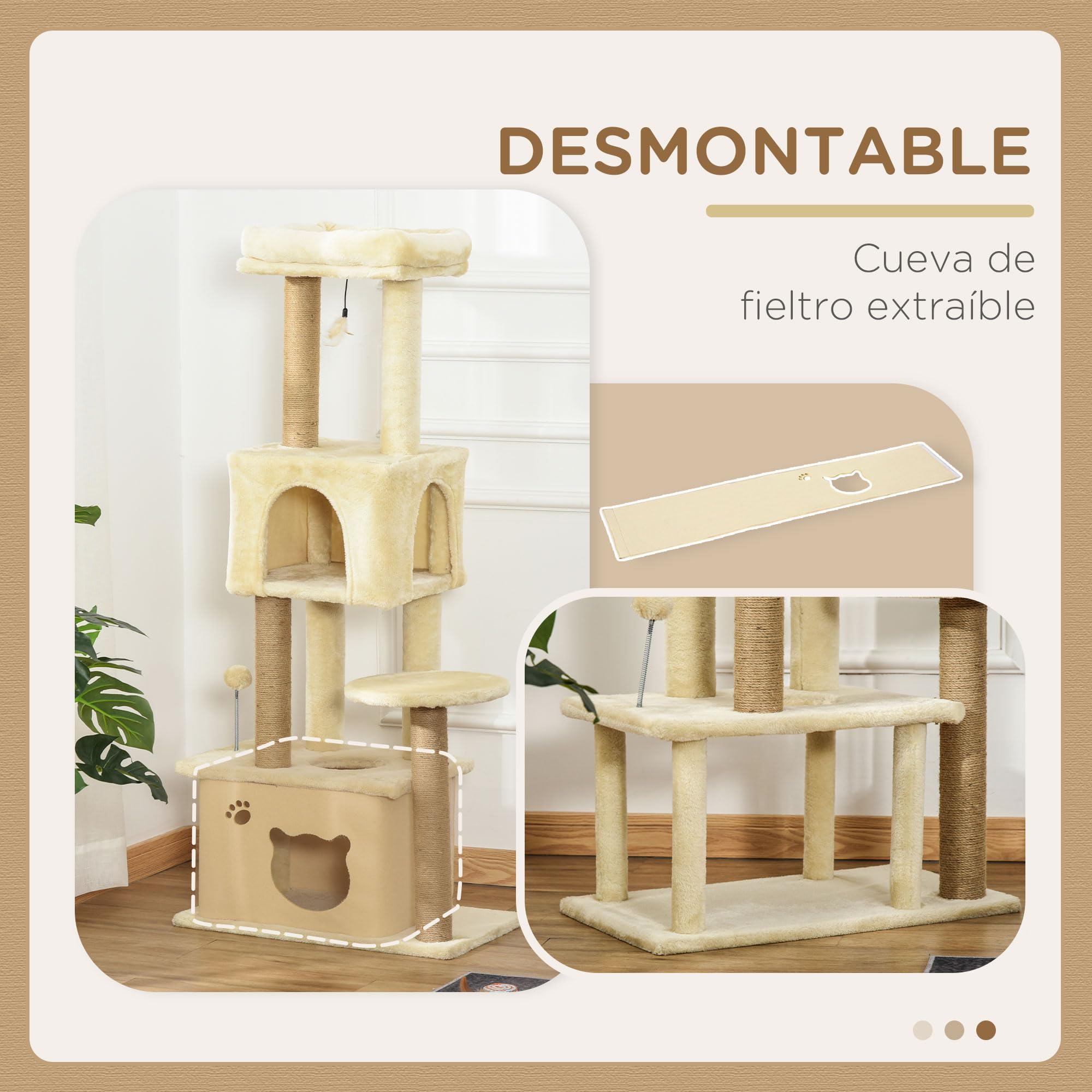 PawHut Árbol Rascador para Gatos Grande 60x34x136 cm con Cuevas Beige | Árbol para Gatos, Plataformas, Felpa Desmontable, Postes de Yute, Bola Colgante