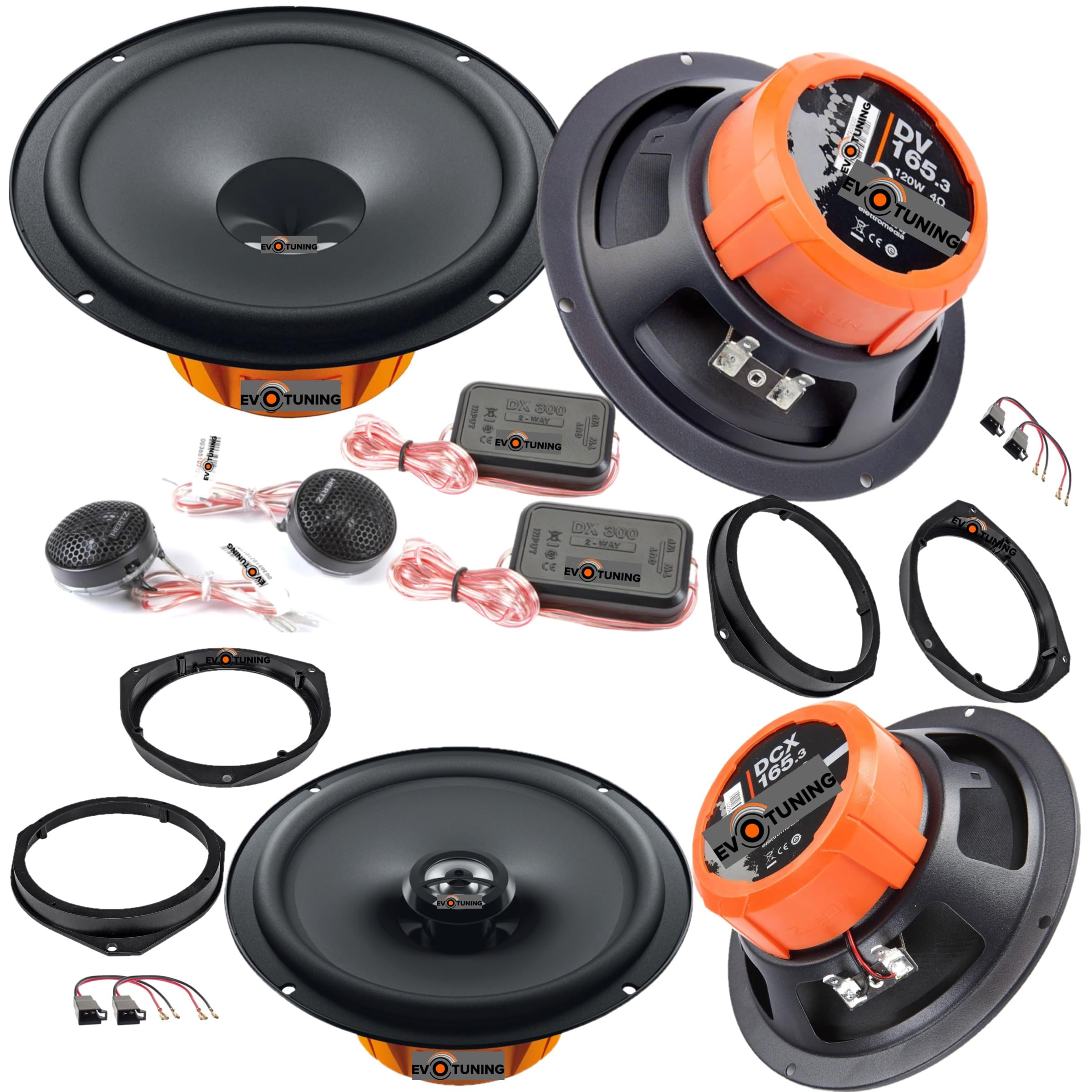 Kit 6 Casse Altoparlanti per Fiat 500L e 500X Anteriori e Posteriori compatibile con Hertz DSK165.3+DCX165.3 Set 2 Woofer 2 Tweeter 2 Coassiali 4 Anelli 4 Cavi (No Plug and Play)