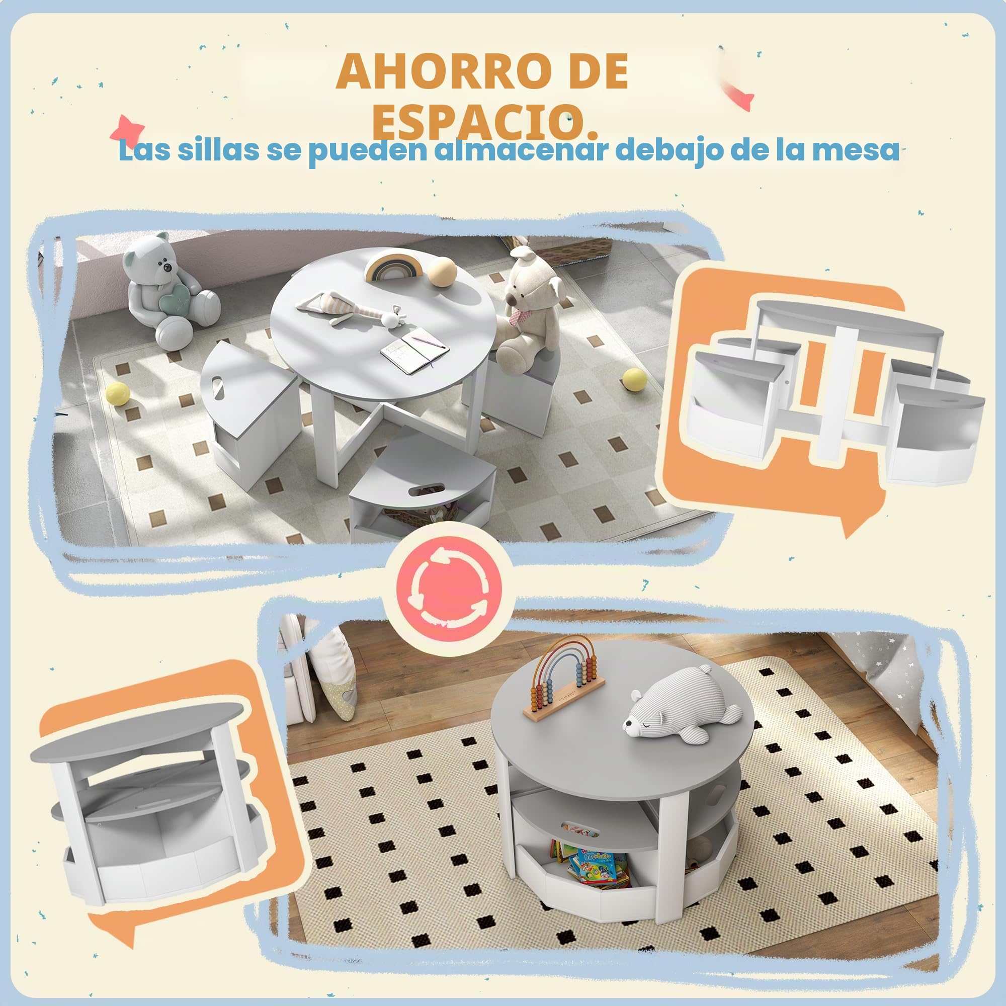 AIYAPLAY Juego Mesa y sillas con Almacenamiento niños, 3-8 años, Gris | Juego de mesa y sillas para niños de cinco piezas, actividad infantil