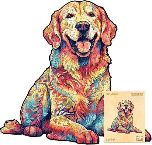 Masseruon Rompecabezas de madera para adultos, leal Golden Retriever, rompecabezas de forma única, regalo para adultos, rompecabezas con forma de