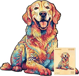 masseruon Wooden Puzzle for Adults-Loyal Golden Retriever, Unique Shaped Jigsaw Puzzles for Adult(M, 200pieces, 12.5*11.9in), Beautiful Animal Shaped Wood Puzzles, Christmas Family Game Birthday Gift