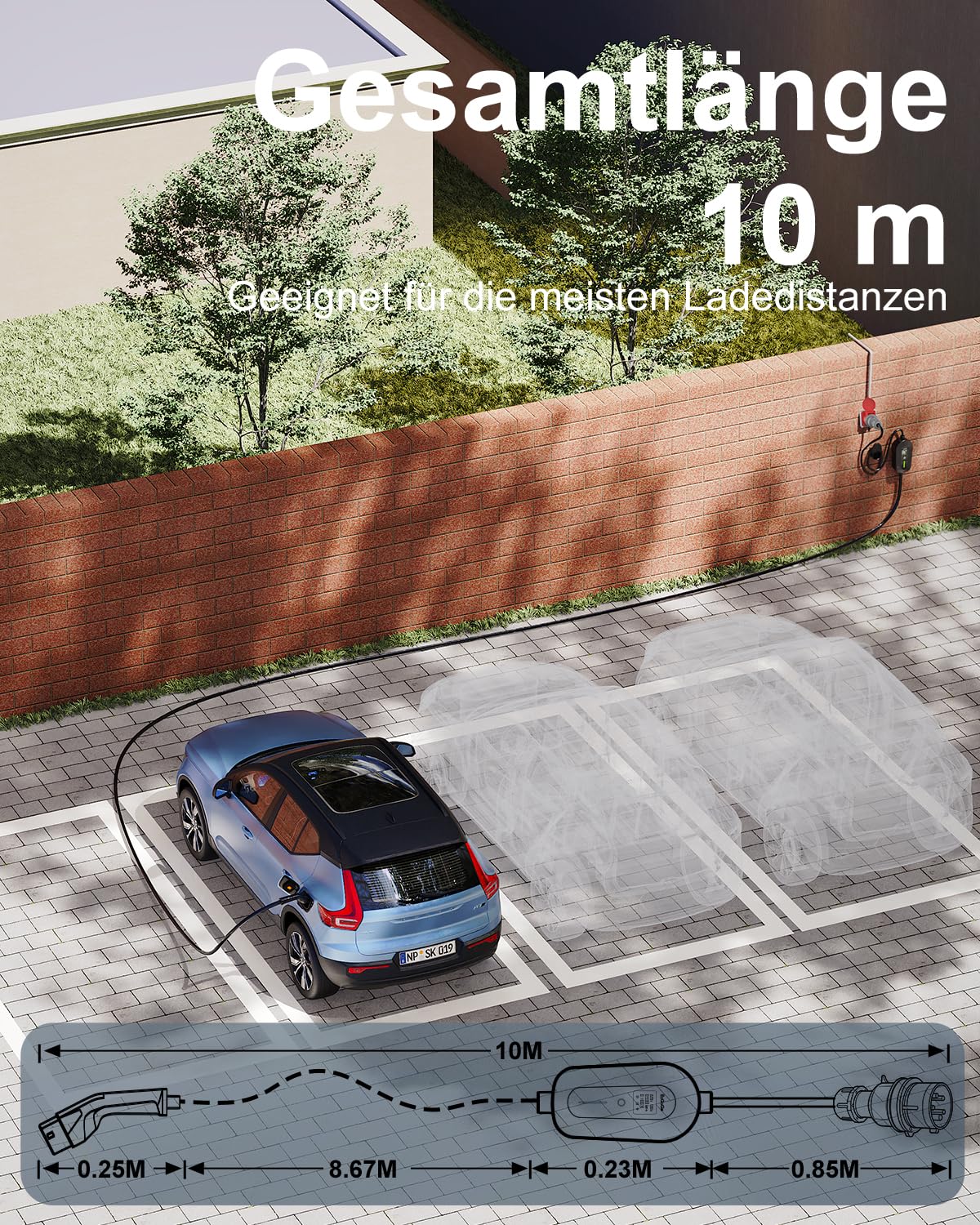 EzGoGo Wallbox Ładowarka mobilna 11 kW typ 2 (3 fazy) z kablem ładującym 10 m CEE 16 A do typu 2 | stacja ładująca EV z regulowanym prądem [6/8/10/13/16A], wysokiej jakości ochrona IP65