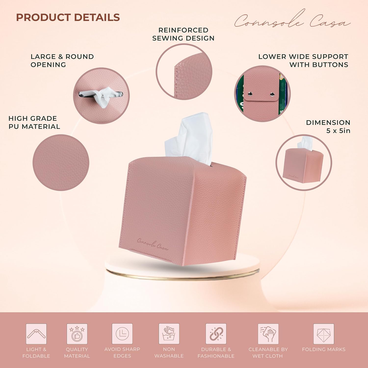 Premium PU Leather Tissue Box Holder - Elegant Hotel-Style Tissue Box Cover for Home, Office & Car Décor, Tissues Cube Organizer for a Natural & Classic Look (Pink 2 Pack) image 2
