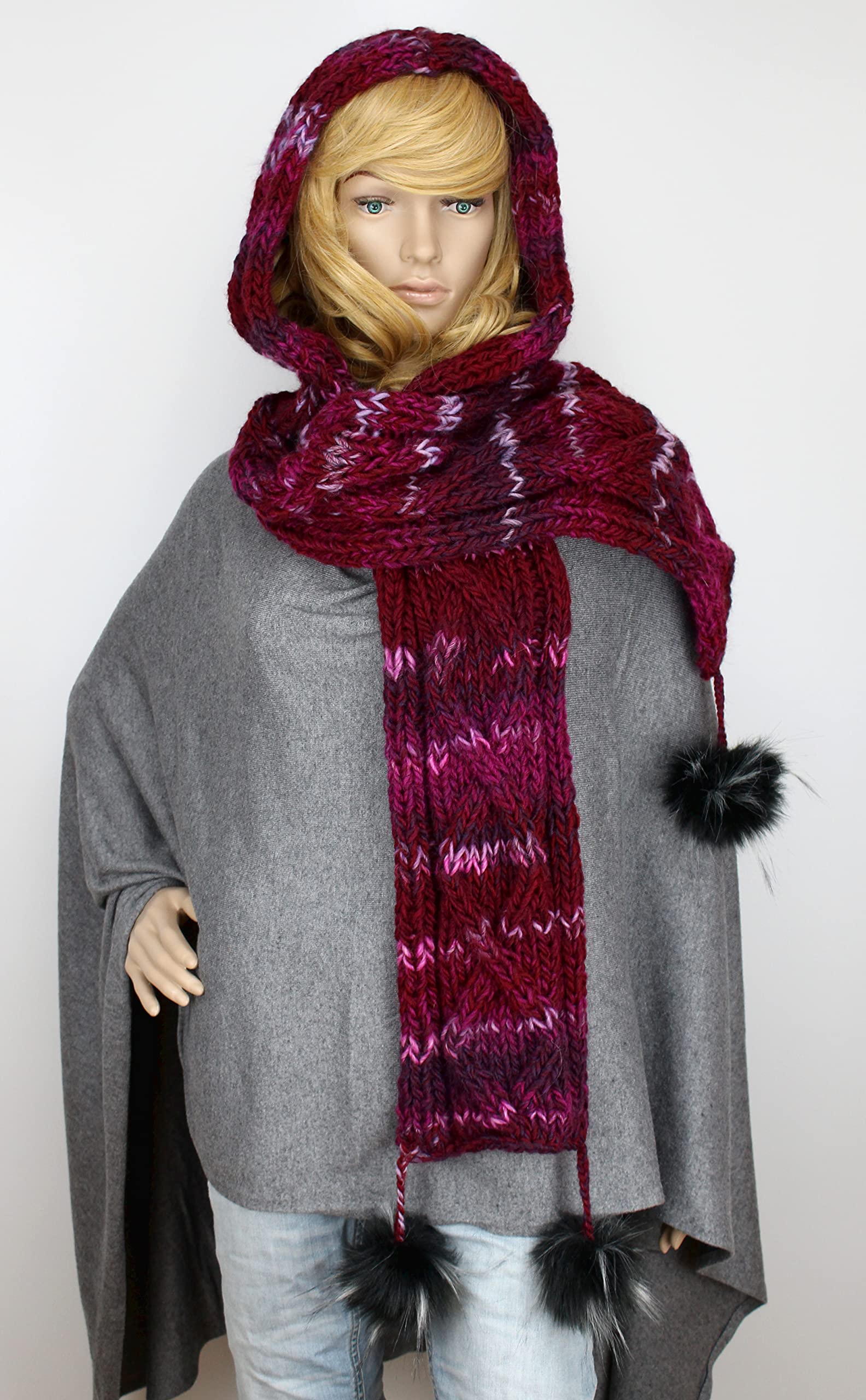Kapuzenschal exklusiv 4 Farben mit Kunst-fell-bommel handgestrickt Farbwahl Schal XXL Mützenschal (bordeaux weinrot meliert)