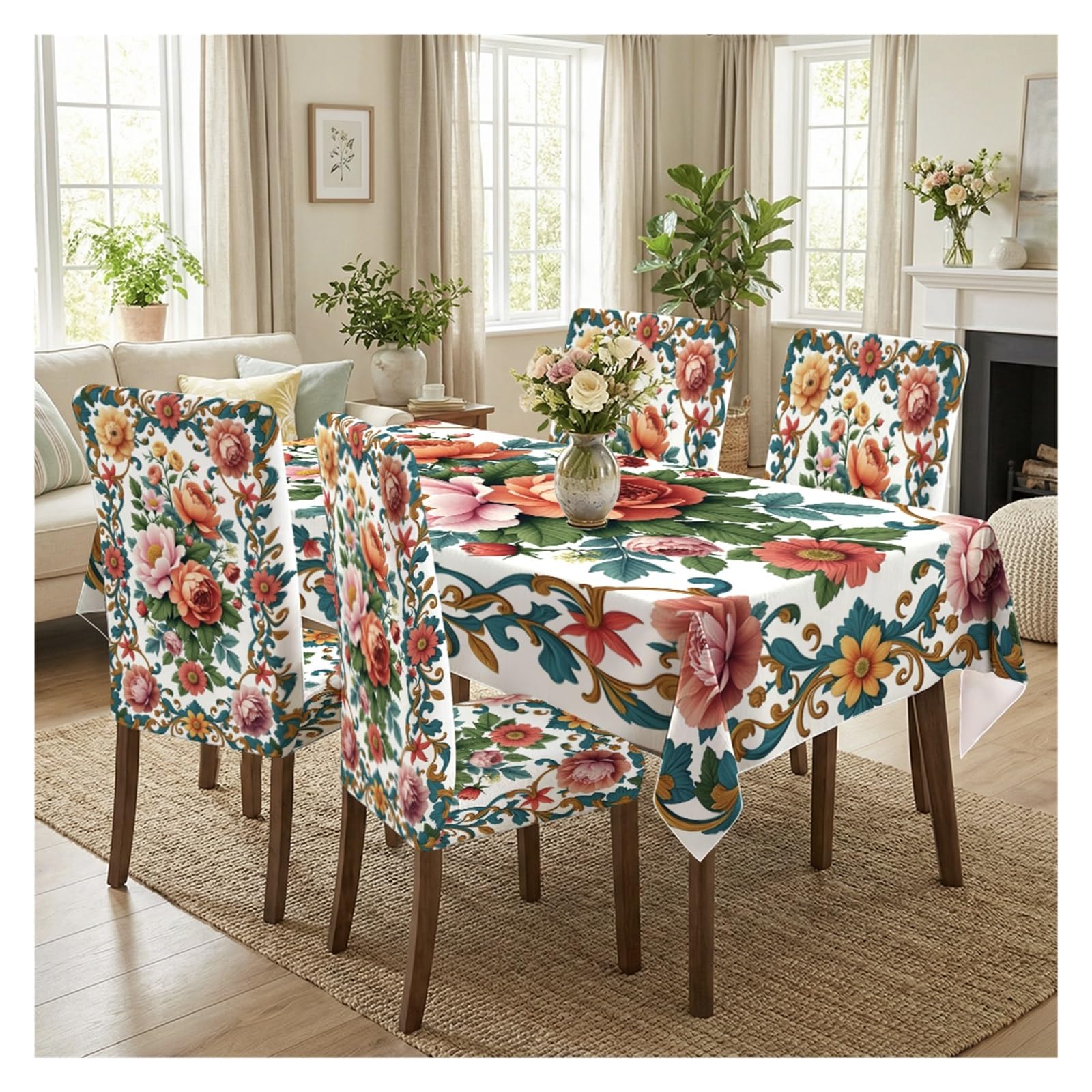 KXUAUV Boho Floral Baroque Print Stretch Chair Covers & Tablecloth Set, For Kitchen Dining Room Holiday Party Home Decor, 5/7 Pack Party Decor(5pcs Set: Tablecloth+Chair Covers)