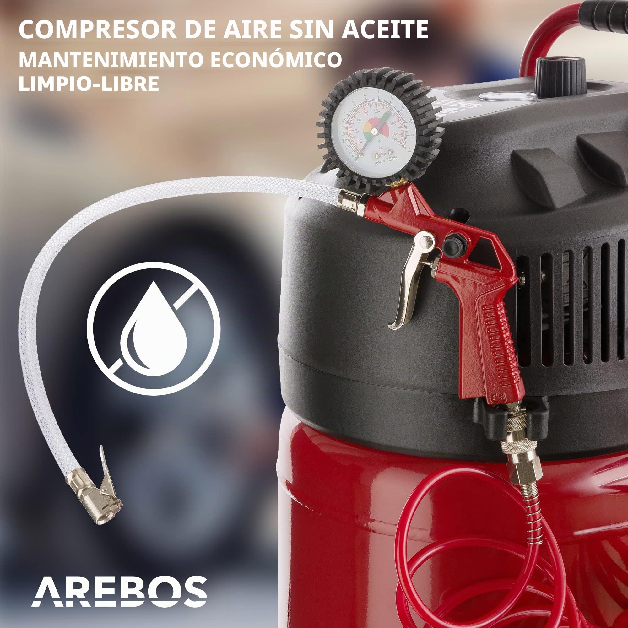 Arebos Compresor de aire comprimido |compresor de aire/compresor aire silencioso | Incluye 13 accesorios | Bajo mantenimiento | Apagado automático | Capacidad: 50 l, 30 l o 6 l (50 litros)