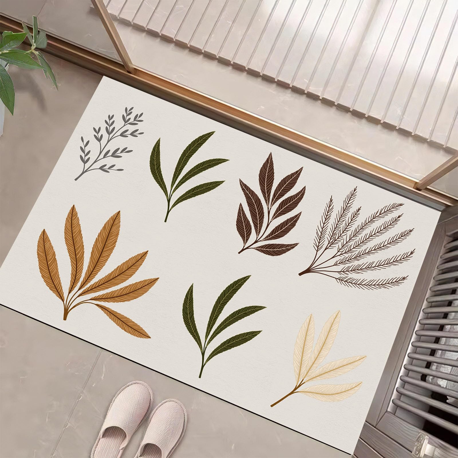 Paillasson dessin au trait beige feuilles design épuré