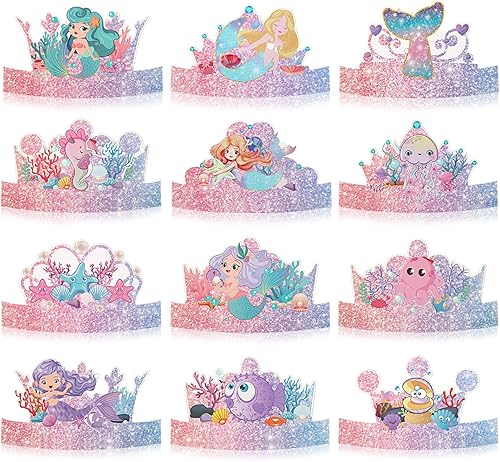 Miniatura 1 de ADLKGG 36 sombreros de fiesta de sirena, sombreros de fiesta de cumpleaños para niños, diadema de corona de papel ajustable de sirena para fiesta de