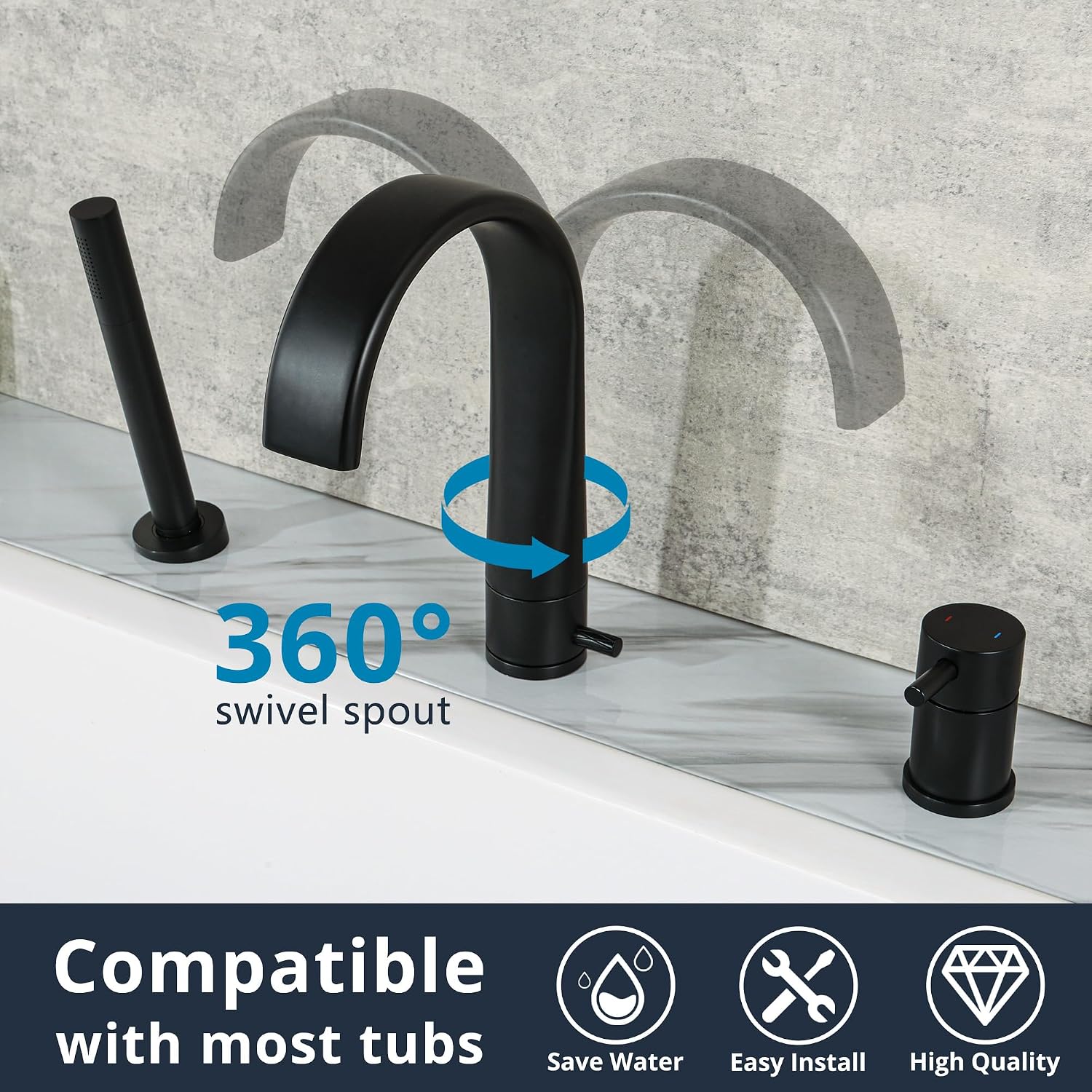 Brass Roman Tub Faucet with Handheld Sprayer, 5 GPM Deck Mount Bathtub Faucet with Hand Shower, Waterfall 3 Hole Single Handle Tub Filler High Flow Stand Alone, Matte Black