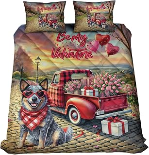 Be My Valentine's Australian Cattle Dog Truck Full of Love Flower Balloon Quilt Bedding Set Heeler Lover Gifts 1 Blanket Bed Cover 2 Pillowcases - 02029
