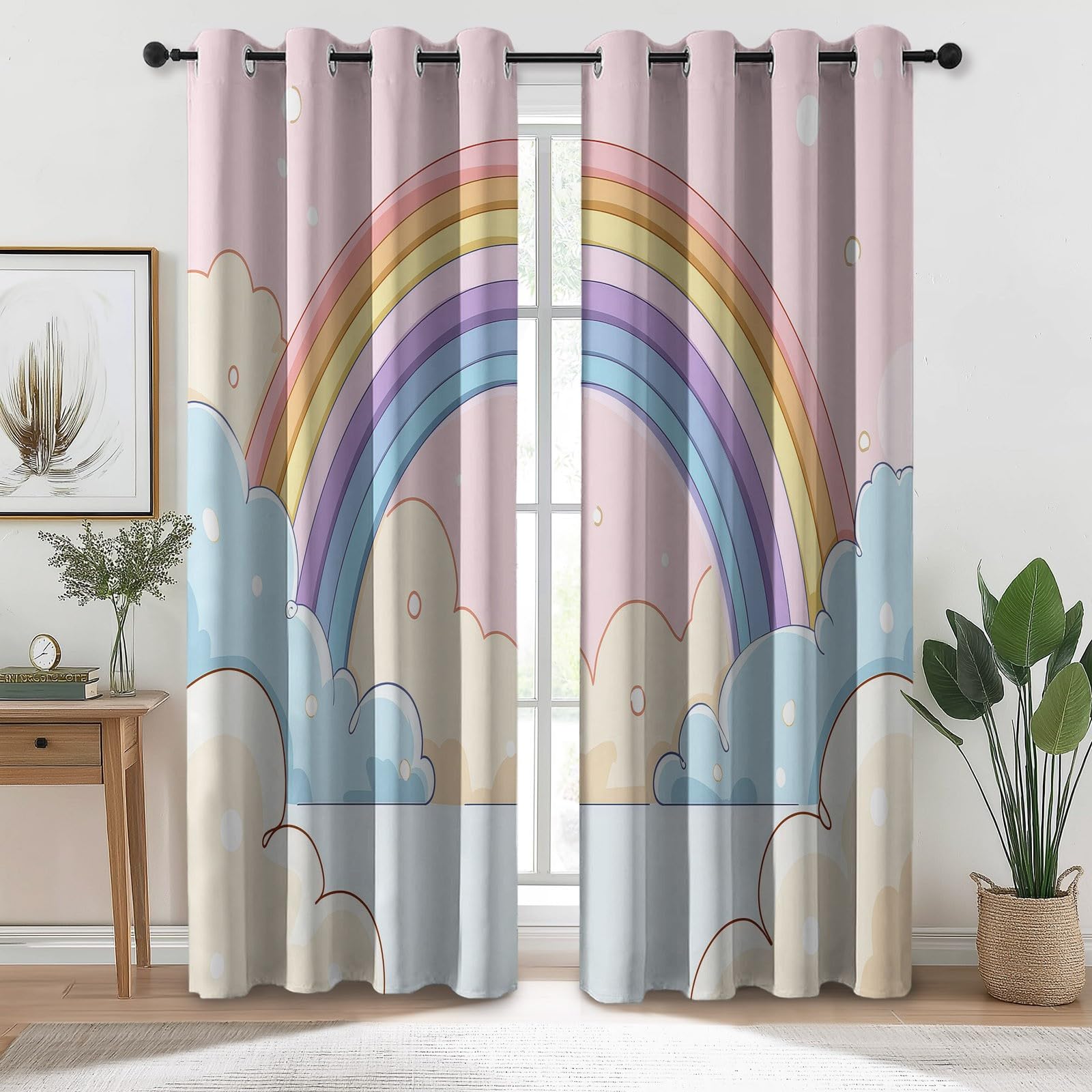 91.5L X 214H cm (2 Panneaux) Rideau Occultant Thermiques, Dessin Animé Doubler Nuages Imprimé Rideau pour Salon Chambre Fenetre Cuisine Coloré Rideaux et Draperies Oeillets