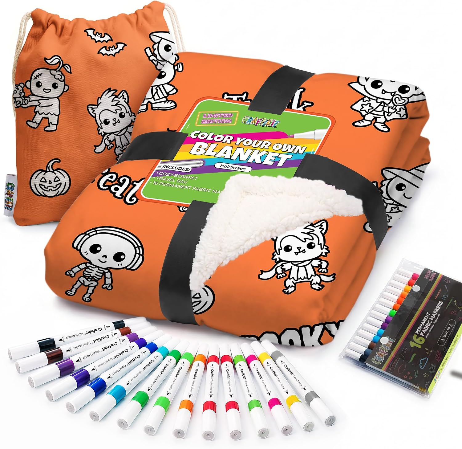 Craftikit Halloween Coloring Blanket for Adults, 16 Fabric Markers