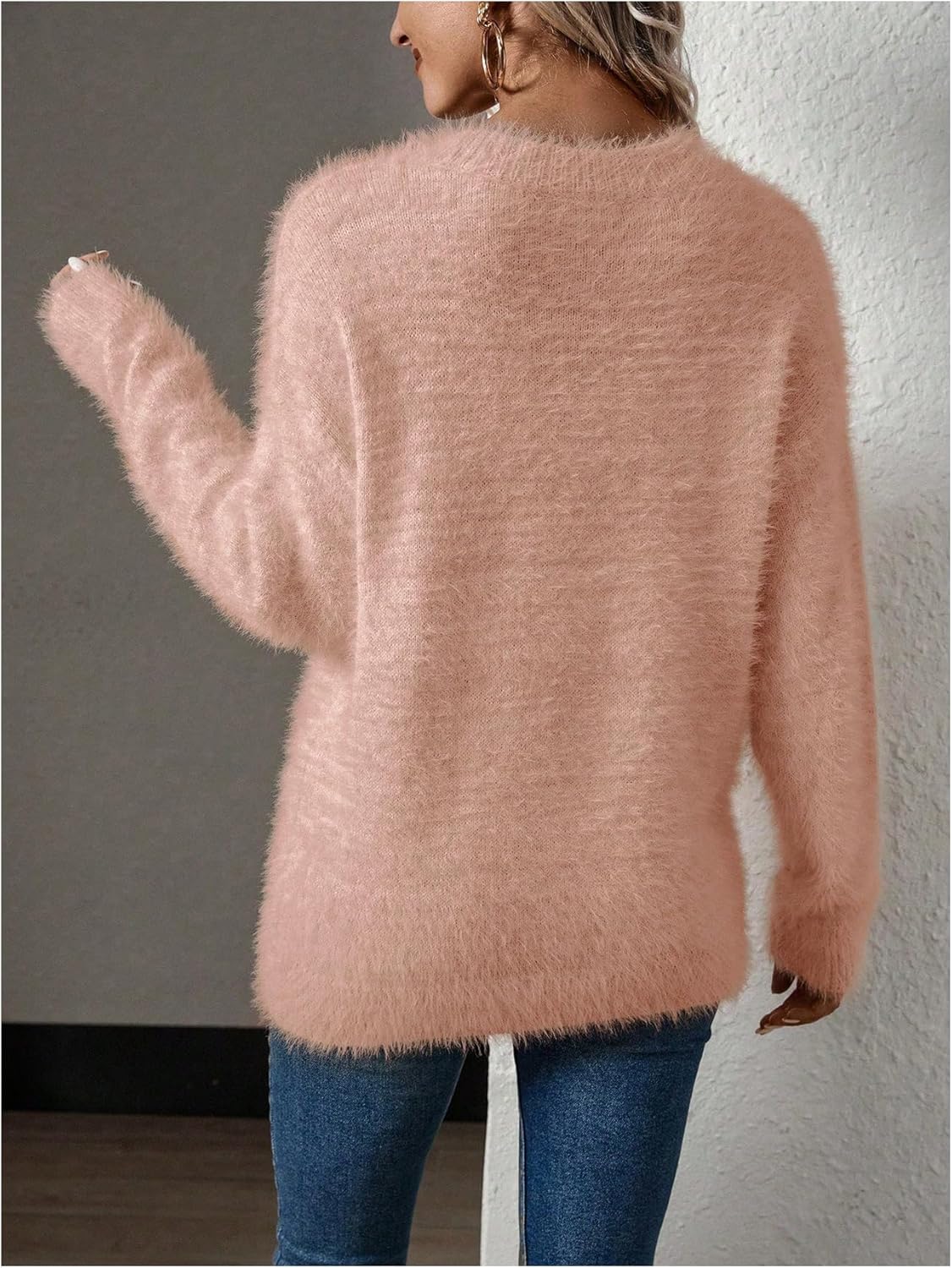 SOLY HUX Women's Fuzzy Sweater V Neck Long Sleeve Pullover Casual Knitted Jumper Tops - Image 2