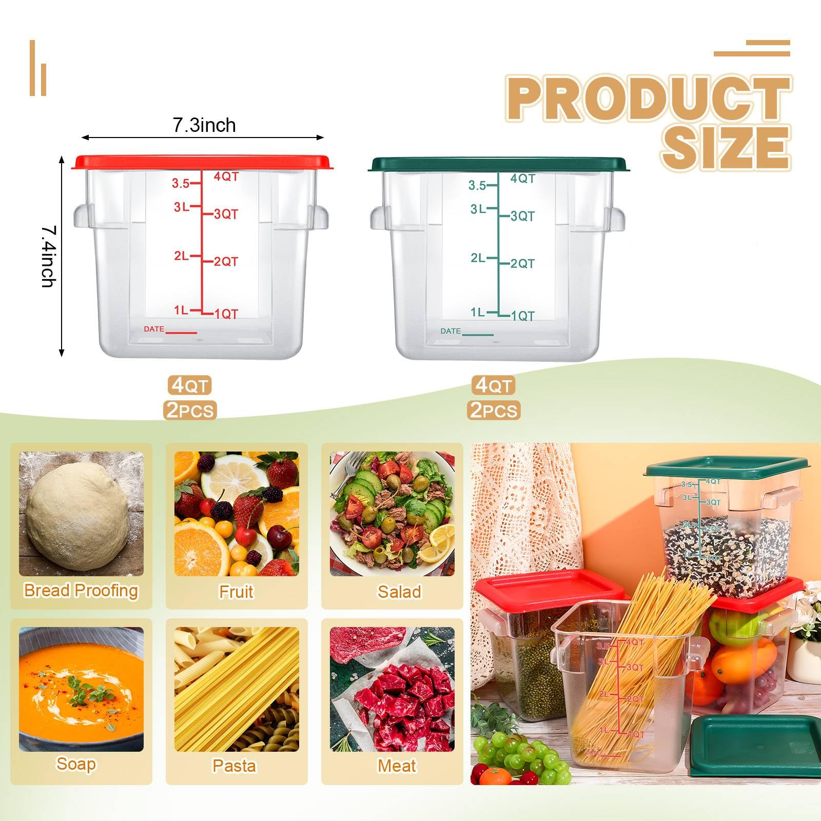 Maxcheck Juego de 4 recipientes de almacenamiento de alimentos de 4 cuartos con tapas, recipientes comerciales cuadrados transparentes con escala y asa, ahorro de espacio para el hogar, cocina,