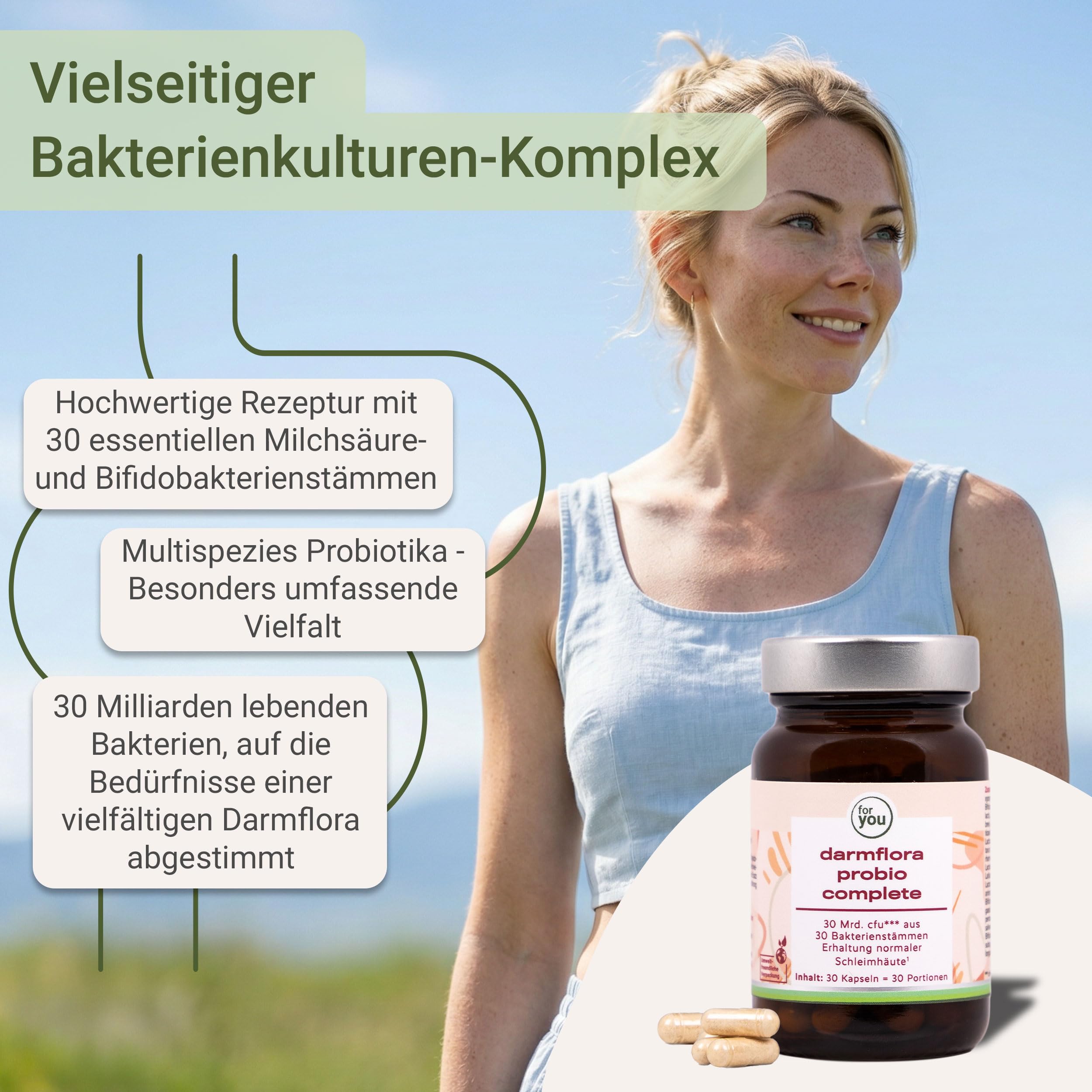 for you darmflora probio complete 30 Kapseln - Multispezies Probiotika mit 30 Bakterienstämmen & 30 Mrd. lebenden Bakterien - Magensaftresistent & mit Akazienfasern - Mit Biotin & Niacin