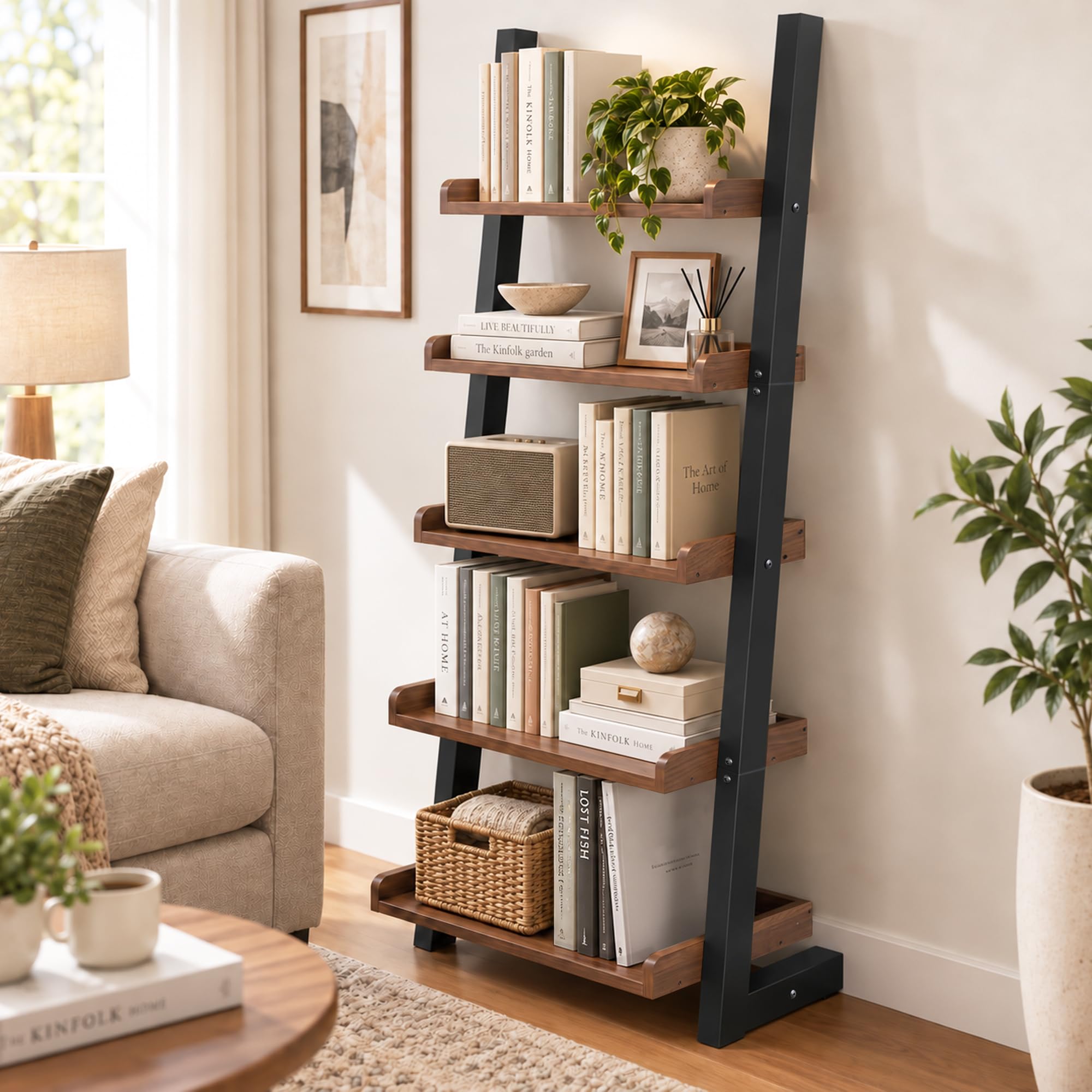 5 Tier Leaning Ladder Shelf, Wooden Bookshelf with Raised Edges, Walnut