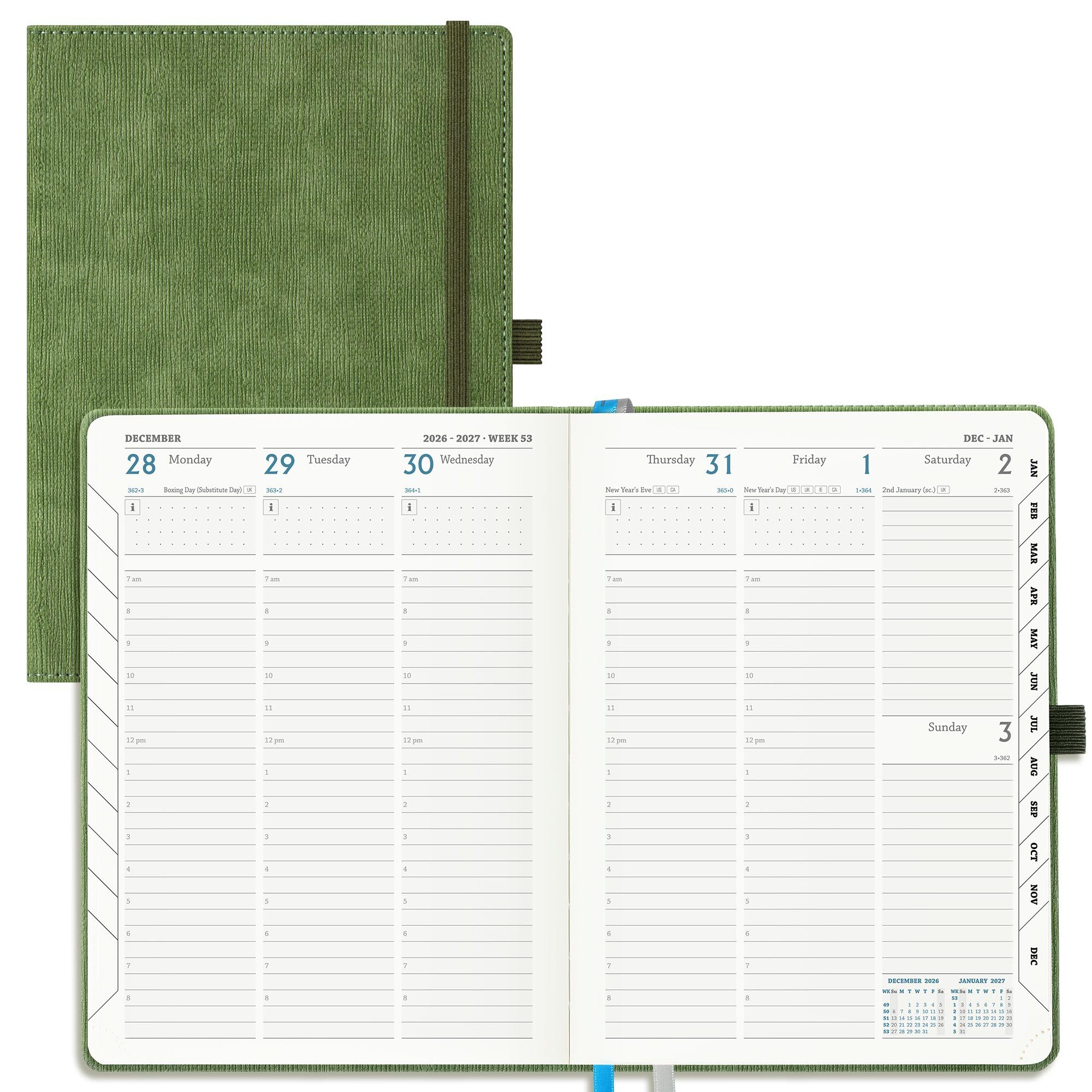 IN-LUXPRO Academic Diary 2026-2027 Week to View A5 Medium (21.9x16.2 cm) 18 Months (Jul'26 - Dec'27) Mid Year Diary 26/27 Vertical Weekly Planner with Timeslots& Month Tabs, PU Leather Olive Green
