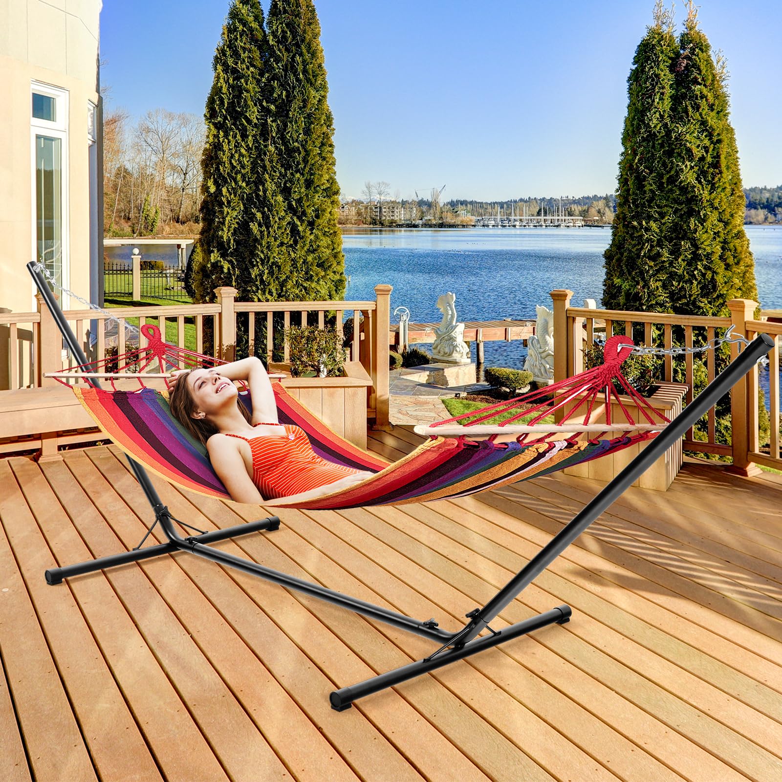 GOPLUS Soporte de Hamaca Universal portátil, Carga máxima 150 KG Material de Hierro, Resistente con Cadena para Colgar, Negro para jardín Camping Balcón, 325 x 100 x 106 CM