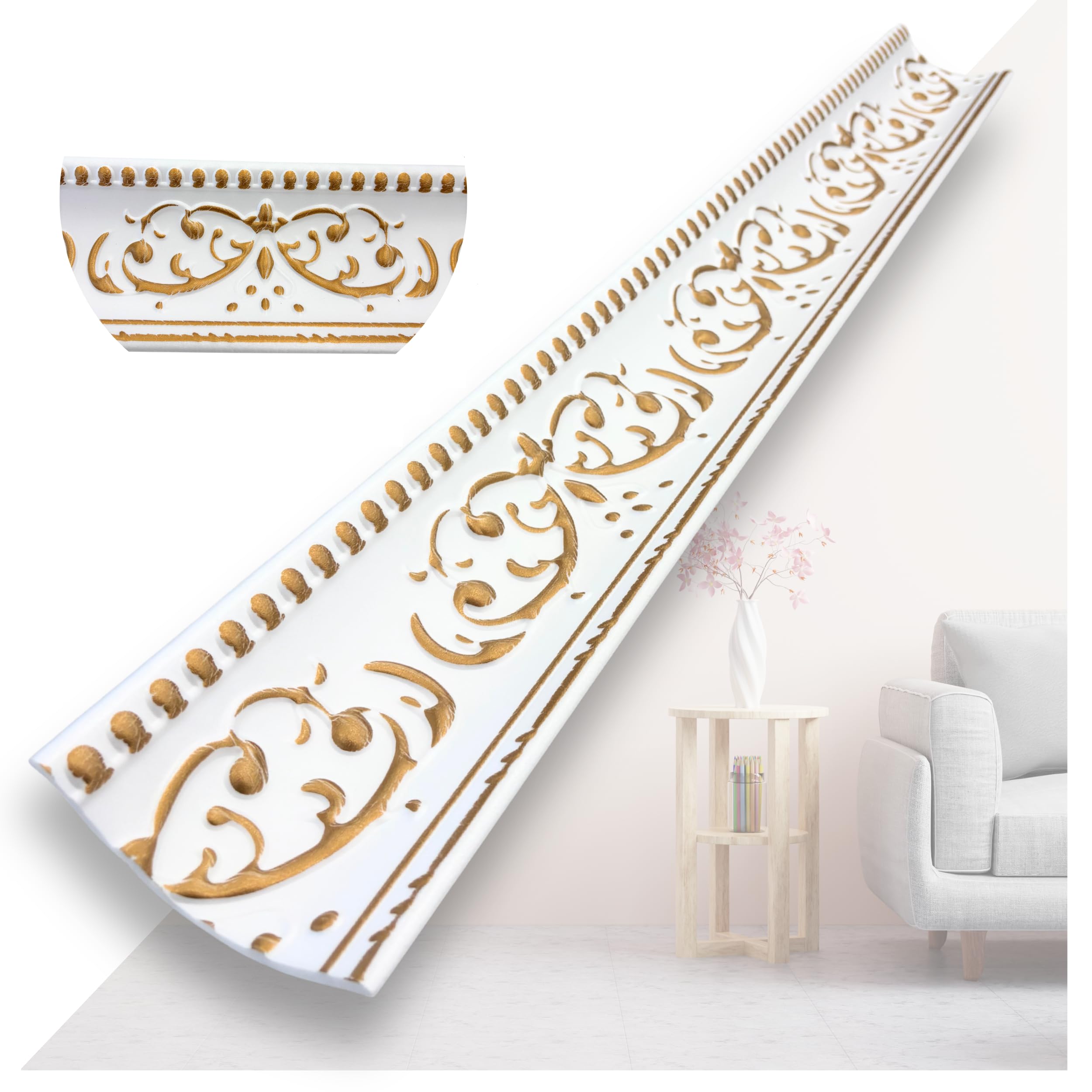 Molduras de estuco de poliestireno XPS – Molduras de techo blancas de 1 m – Listones para estuco de techo y decoración de pared – Molduras decorativas ligeras de poliestireno puro suave (V01-08 – Oro