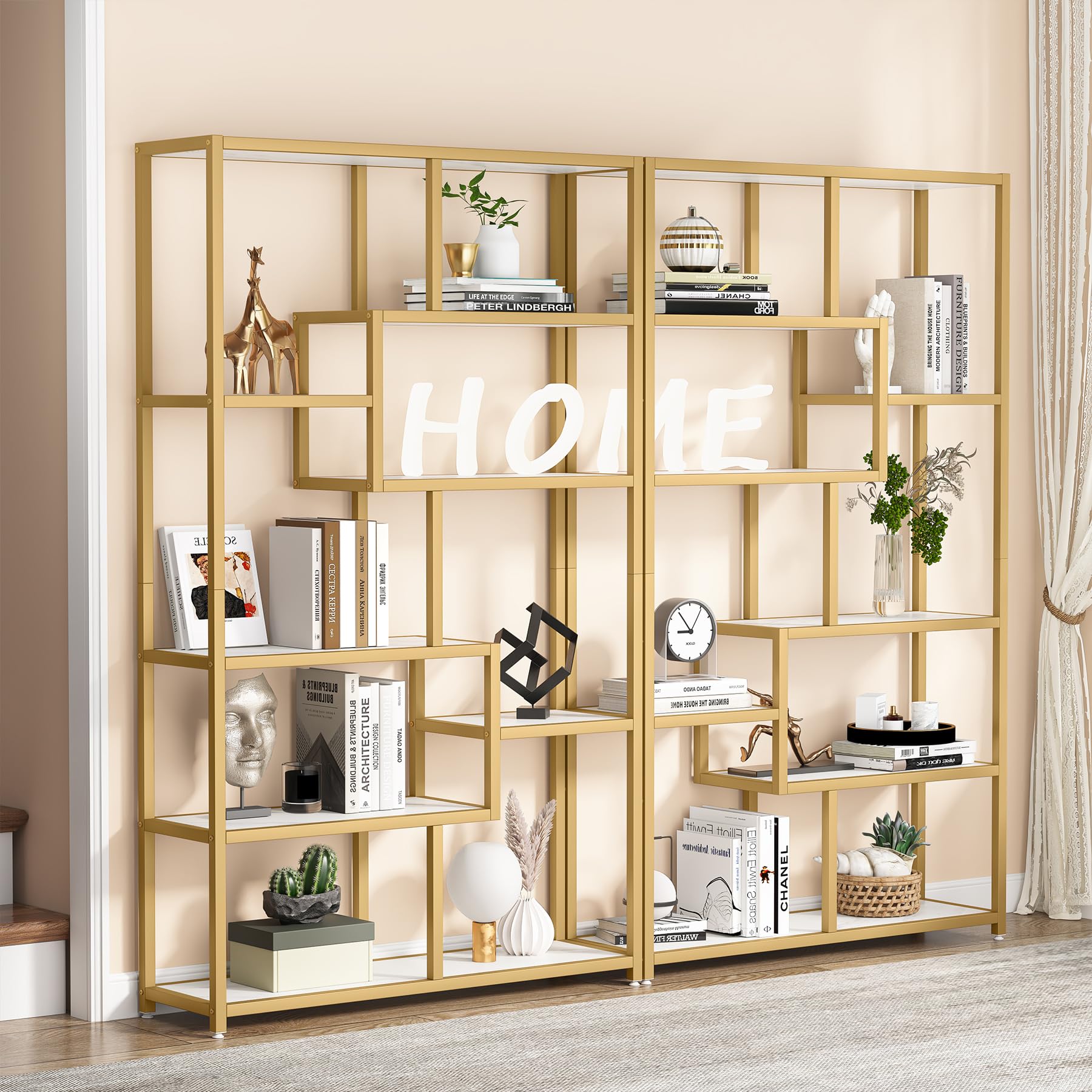 Tribesigns Libreria Scaffale Oro, 180 cm scaffale per libri da pavimento a 8 Ripiani, Porta Piante, mensola in legno e struttura in metallo per libri, espositore per soggiorno, casa e ufficio