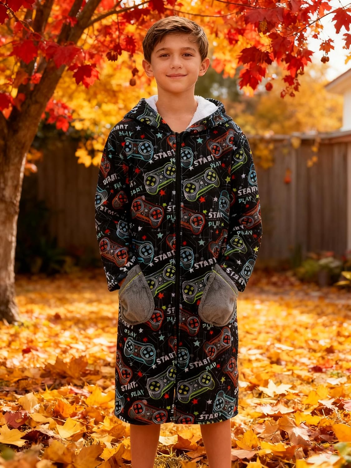 Funnycokid Boys Robe Kids Zip Hooded Soft Bathrobe 7-14 Years