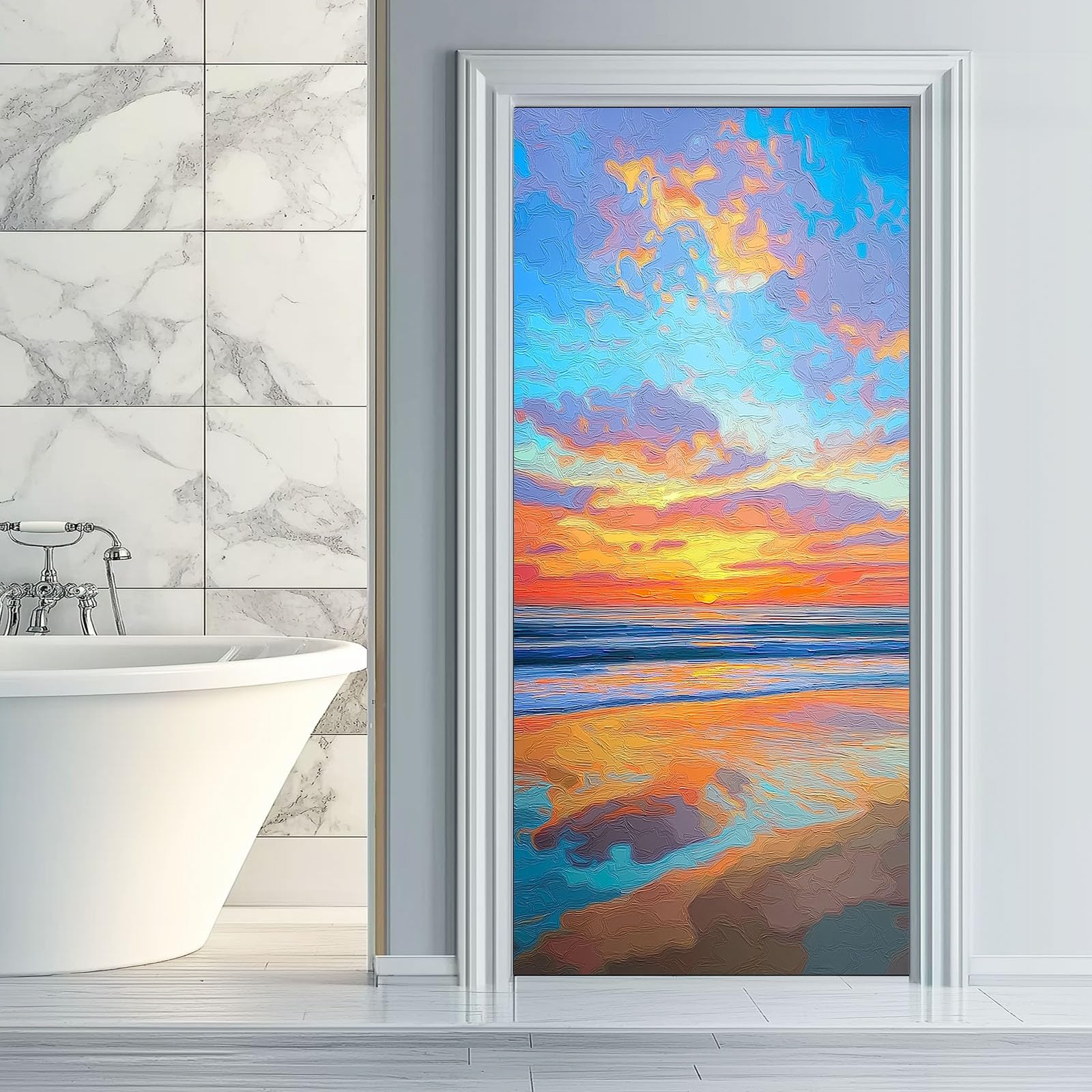 Natura krajobraz samoprzylepna naklejka na drzwi, 80 x 210 cm, tropikalna plaża, zachód słońca, plakat na drzwi, niebiesko-czerwona, wodoodporna, zdejmowana folia na drzwi, fototapeta do sypialni