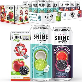 ShineWater & ShineKids Hydration Bundle - 2x Vitamin D Electrolyte Drinks Watermelon Blackberry + Coconut Lime, 12-Packs + 1x Kids Juice Box Apple Berry, 32-Pack Sugar-Free, Low-Calorie