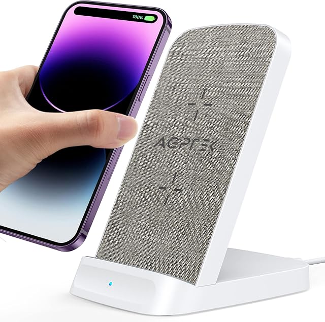 AGPTEK Wireless Charger, 15W White Fast Wireless Charging Stand, Qi-Certified for iPhone 14/13/12/12 Pro/11/11 Pro Max/XS Max/XR/XS/X/8, Galaxy S22/S21/S20/S10/S9, AirPods Pro(No AC Adapter)