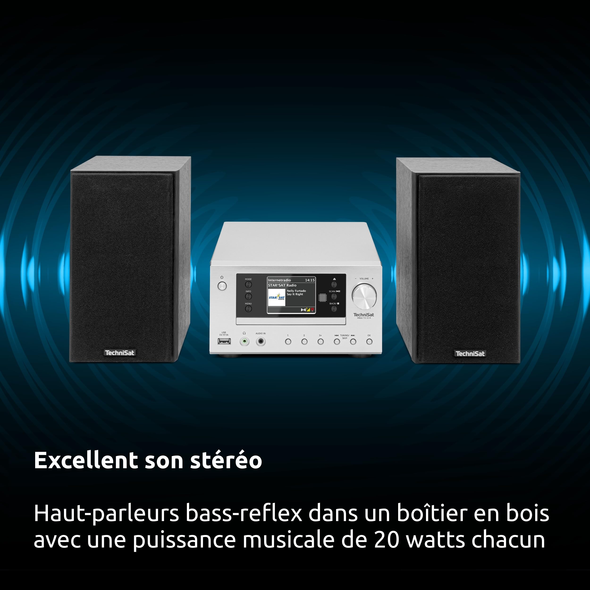 TechniSat Viola 710 CD IR – Chaîne Hi-FI compacte (Radio Internet, Dab+, FM, Lecteur CD, Bluetooth, 2x20 W RMS, Enceintes stéréo, Prise Casque, réveil, minuterie Sommeil, télécommande)