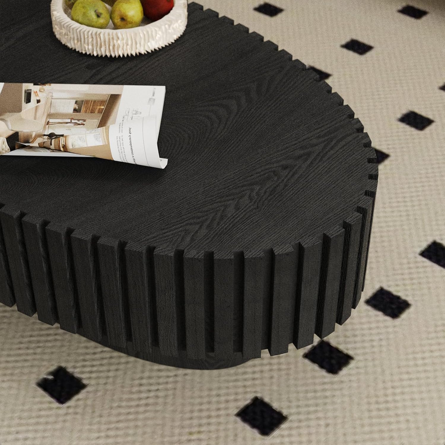 Oval Coffee Table Modern Coffee Tables Handcrafted Relief Wood Tea Table with Sturdy Pedestal Contemporary Fluted Coffee Table Rustic Center Table for Apartment Office,Black Oval