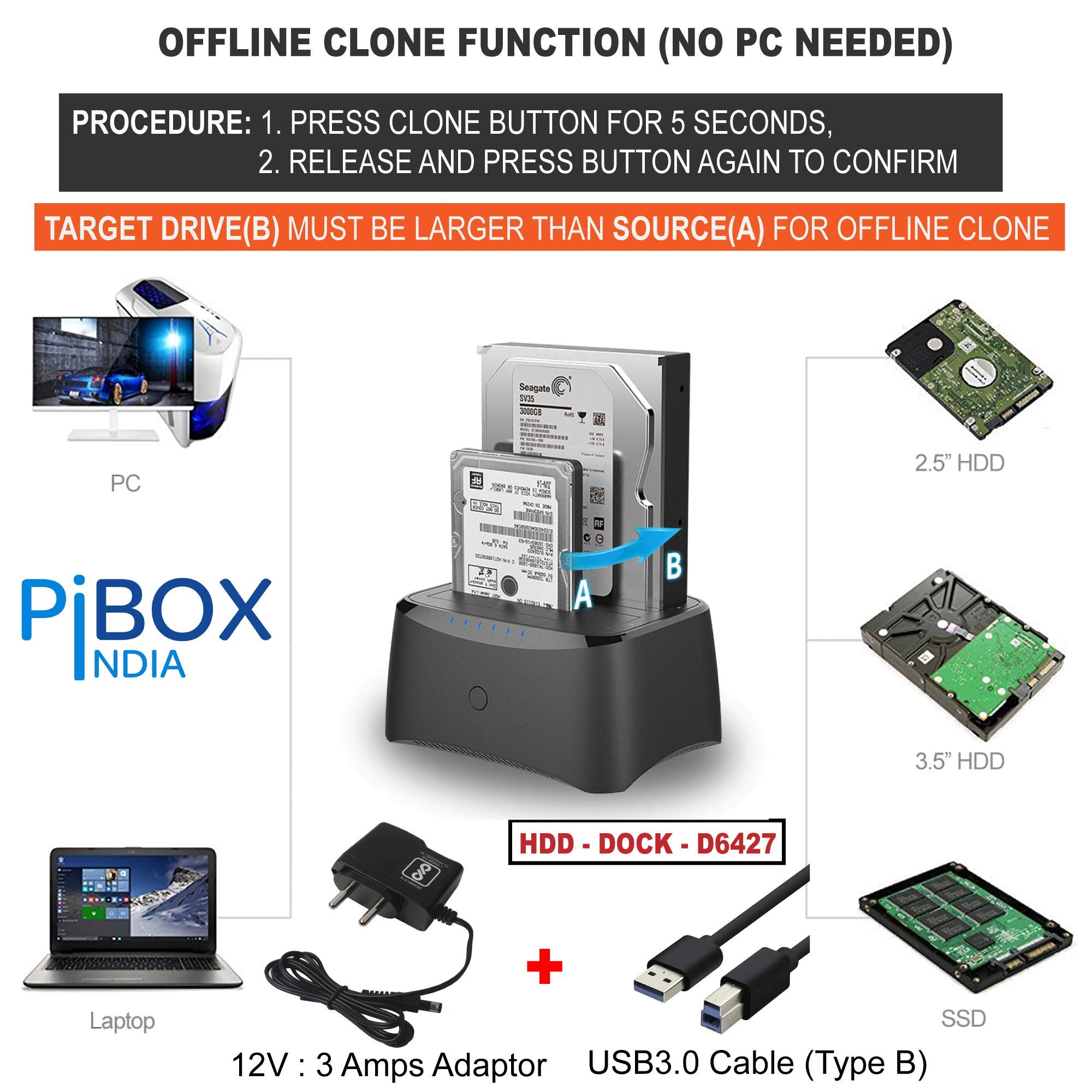 PiBOX India, Dual Bay USB 3.0 to SATA I, II, III Hard Drive Docking Station Upto 12TB for 2.5 or 3.5in HDD, SSD with Hard Drive Duplicator Offline Clone and Auto Sleep and UASP - Top-Loading Design — Amazon image 2