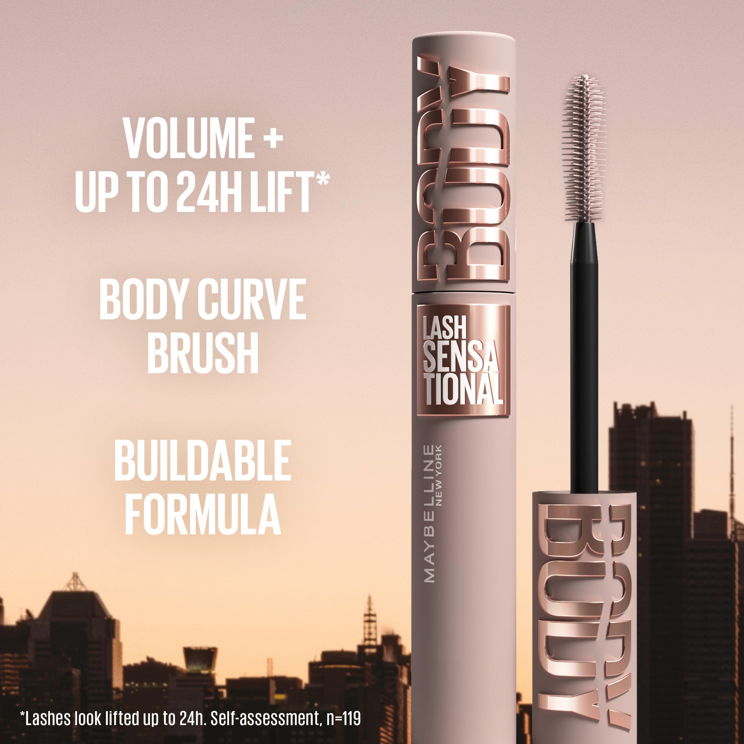 Maybelline New York Body Lash Sensational, mascara zwiększająca objętość, odpowiednia dla wrażliwych oczu, długa trwałość, odporny na rozmazywanie i pot, kolor: czarny,