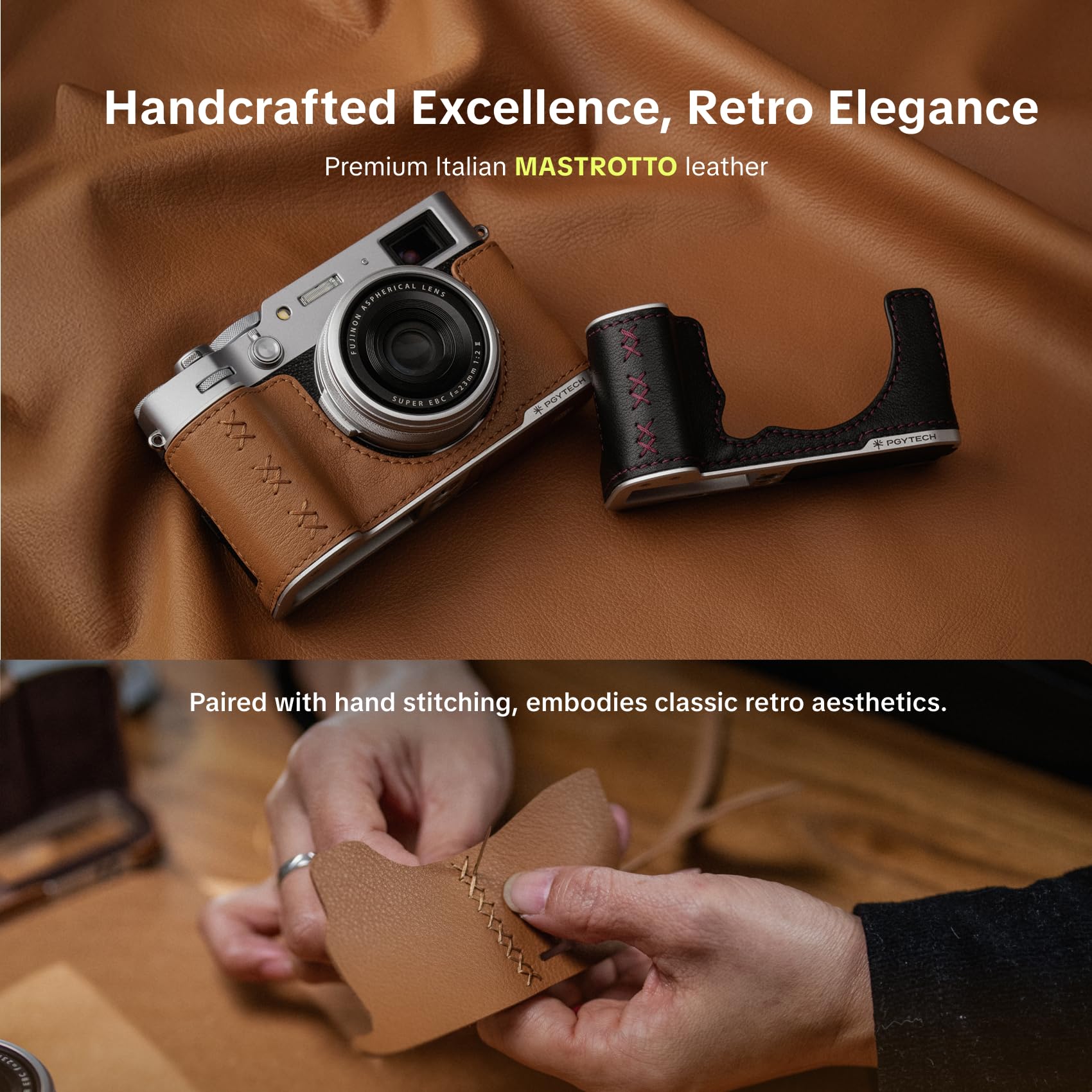 PGYTECH Mezza Custodia per Fujifilm in Vera Pelle, Vintage Camera Case | Per Fujifilm X-T5, Base in lega di alluminio, Vano SD integrato, Filettatura 1/4"-20 per treppiede, per tracolla, Nero