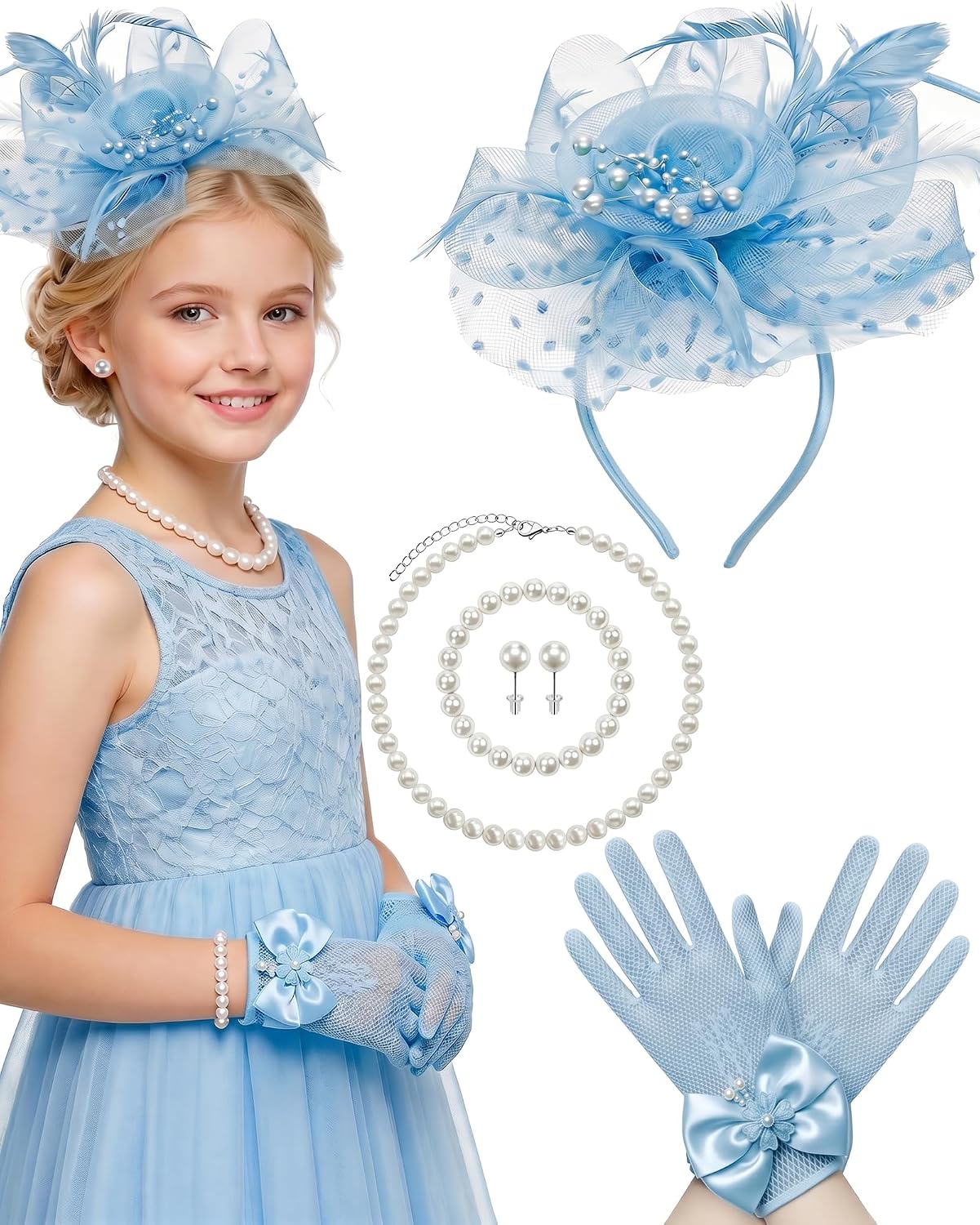 Girls Tea Party Fascinators Hats for Kids Fascinator Tea Party Hat Headband with Gloves Accessories for Girls