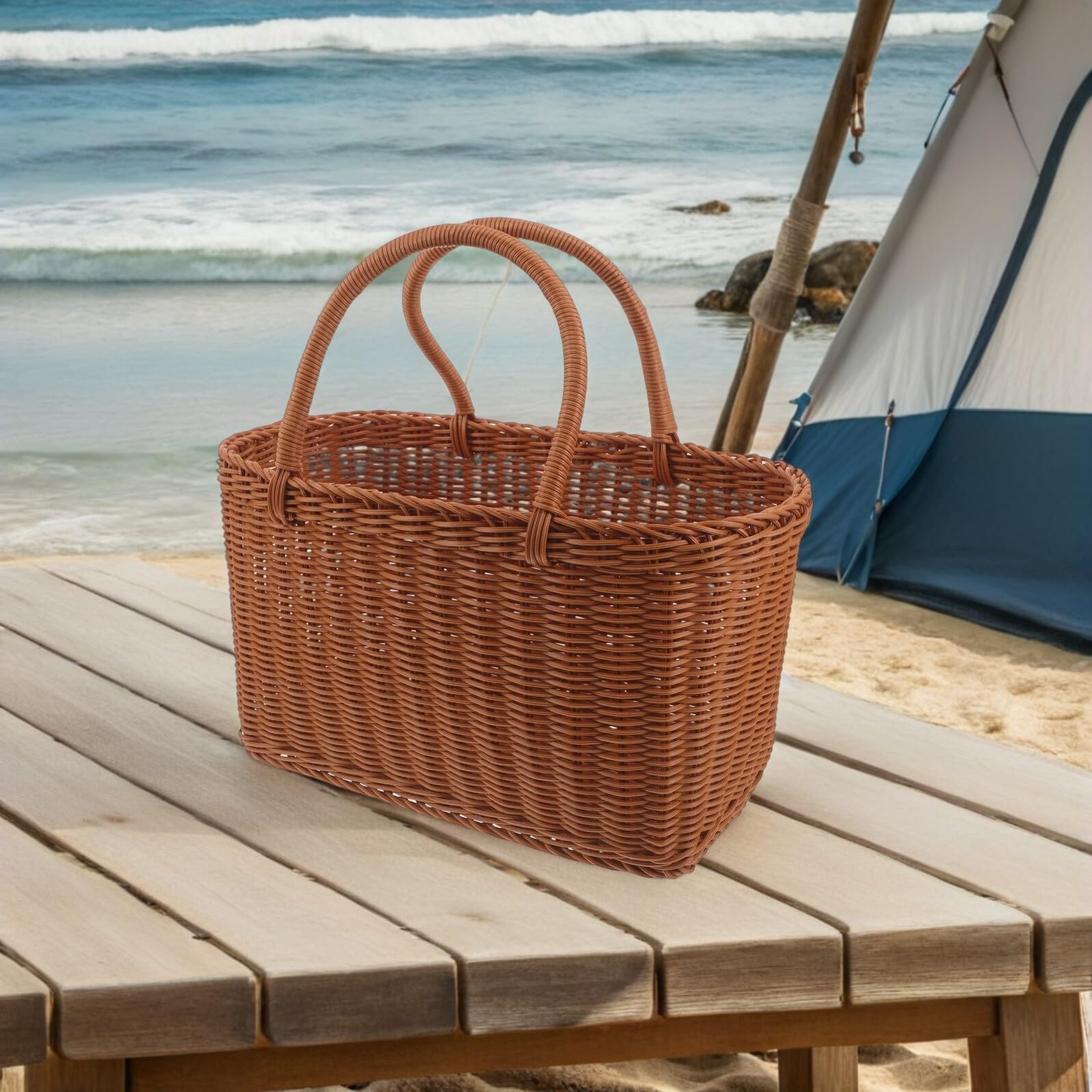 Panier Tissé Imitation Rotin Léger et Solide Cabas Paille pour Cueillette Rangement Légumes et Fruits Panier de Pique- Campagne Pratique et Portable