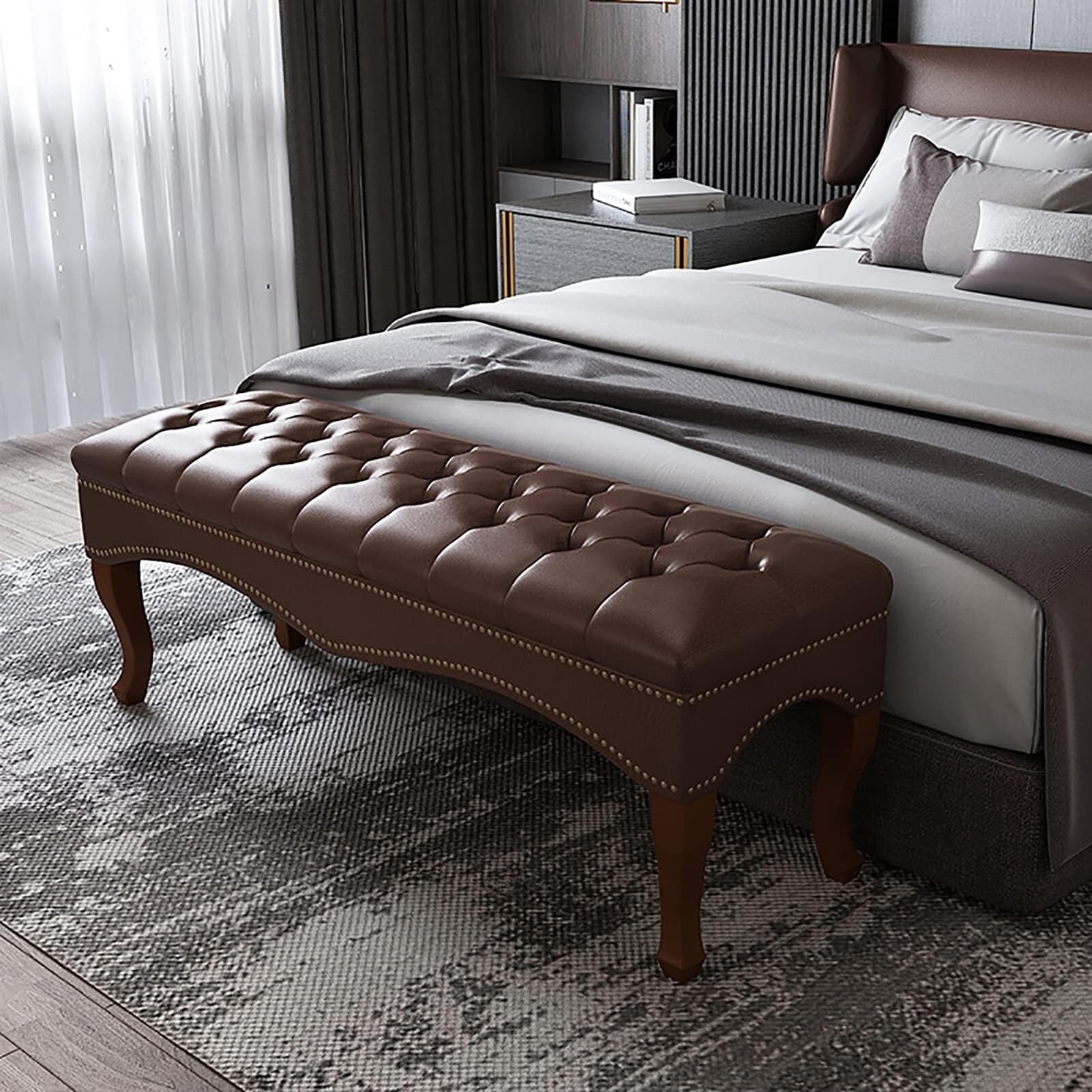 Banco de cuero de imitación de primera calidad y madera maciza para estancias exclusivas