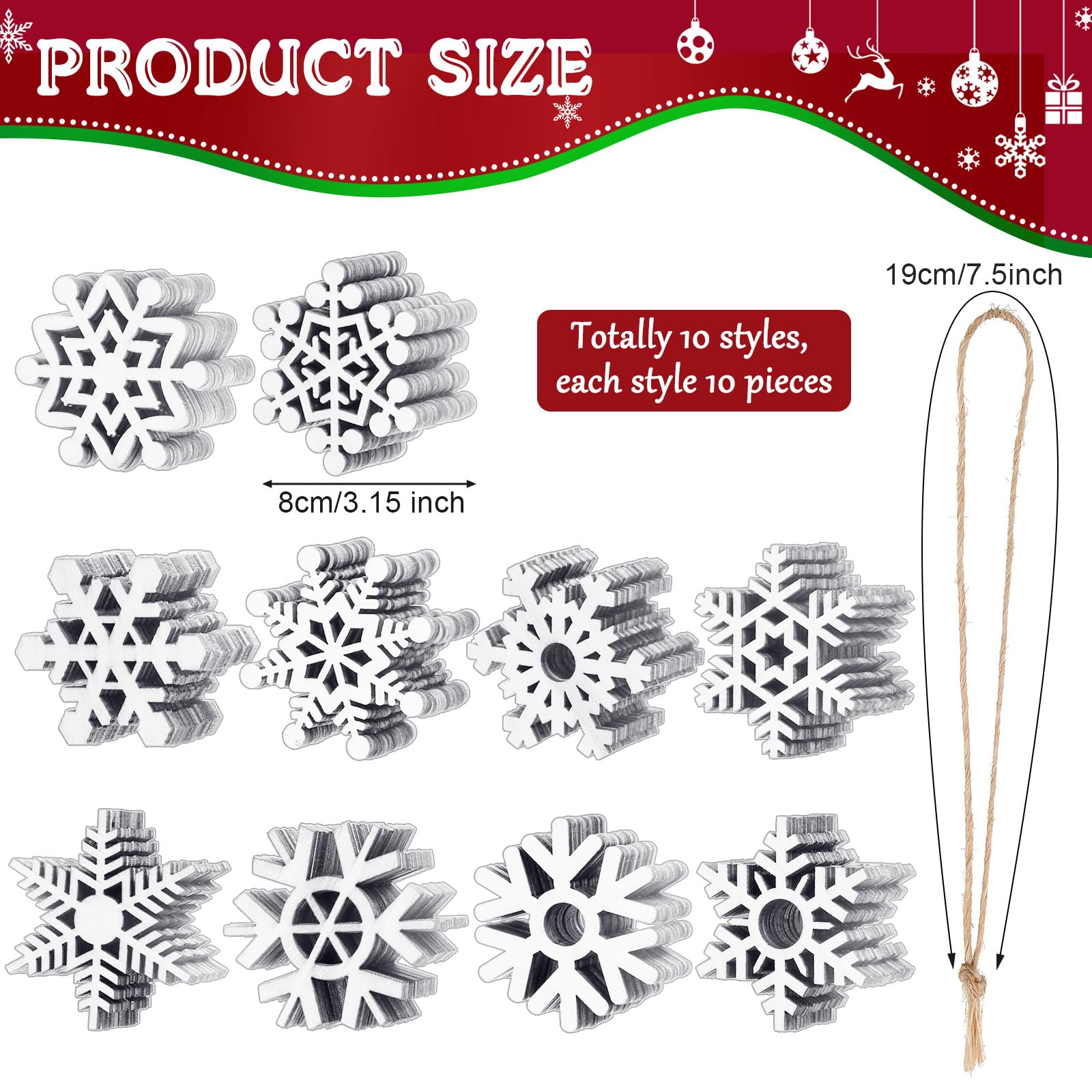 Lot de 100 décorations de Noël en bois brut en forme de flocon de neige à suspendre avec cordon pour décorations de sapin de Noël (blanc, 7,9 cm)