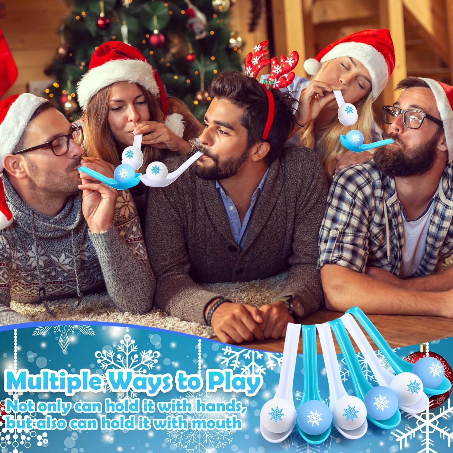 48 Pcs Snowflake Party Game Blue and Purple Spoon Relay Race Set, Snow Ball and Spoon Race Game for Winter Snowflake Party Favors Birthday Supplies Gift(Blue, White)