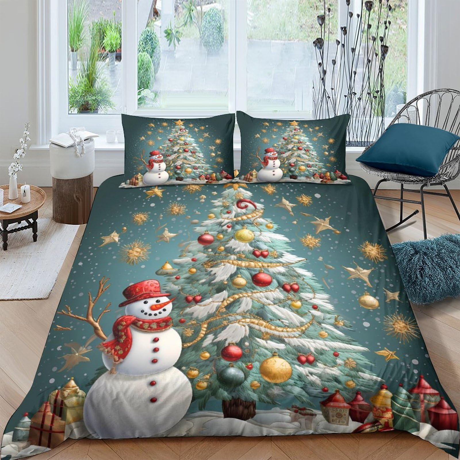GPLZQXKJNH 3D Printed Christmas Tree Duvet Cover Microfiber Soft Snowman Bedding Set with 2 Pillowcases for Bedroom Decor Single（135x200cm）