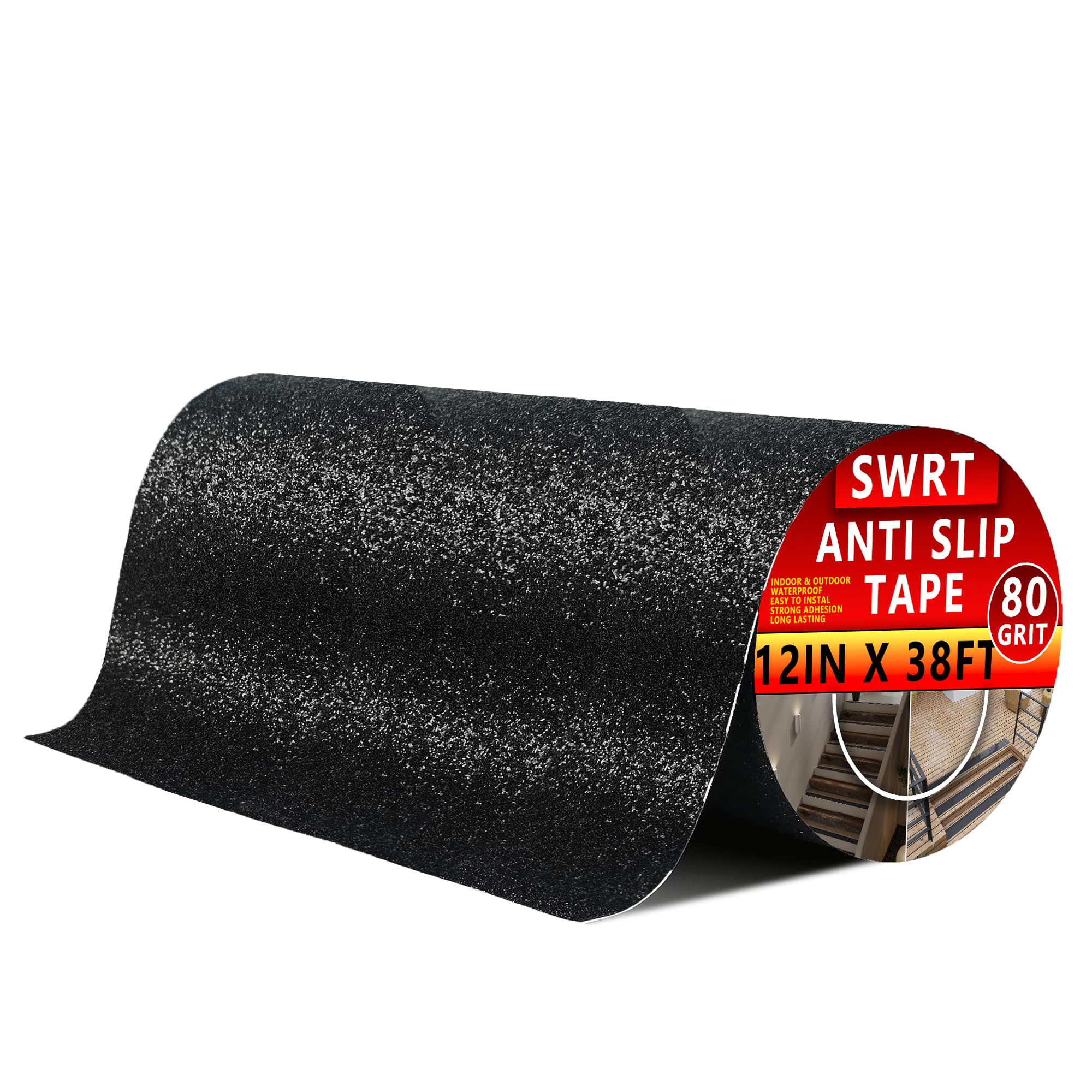 SWRT Anti Slip Traction Tape, 12 Inch x 38 FT Grip Tape Waterproof for Indoor & Outdoor, Heavy Duty Non-Slip Grip Tape for Stairs, No Residue for