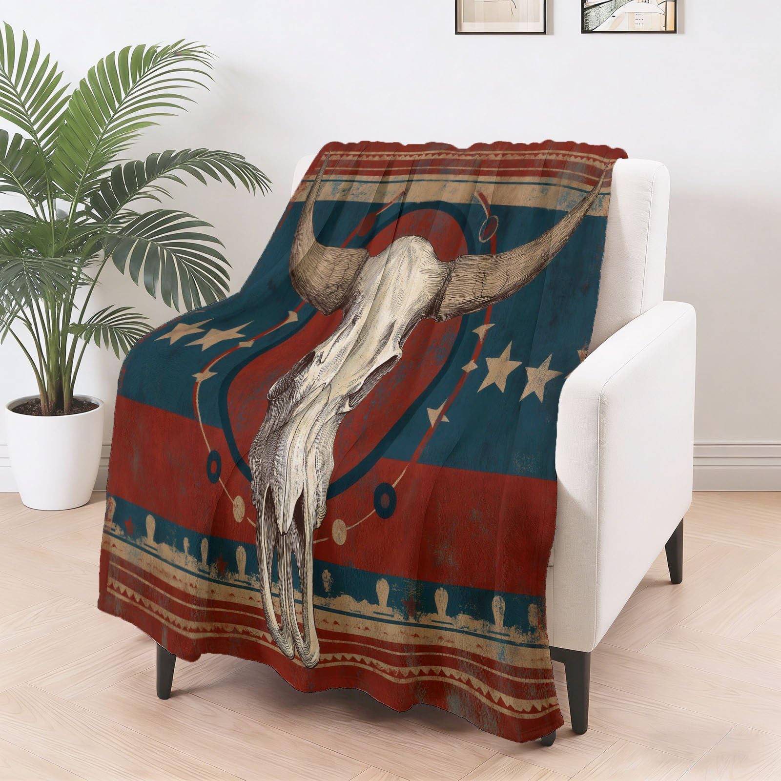 Vintage Verwittert Kuscheldecke Kuh-Schädel Sterne Streifen Decke Tagesdecke Wohndecke Rot, Couchdecke Weich Warm Flauschig, Sofa Decke für Reisen Zelten Outdoor, 150 x 200 cm