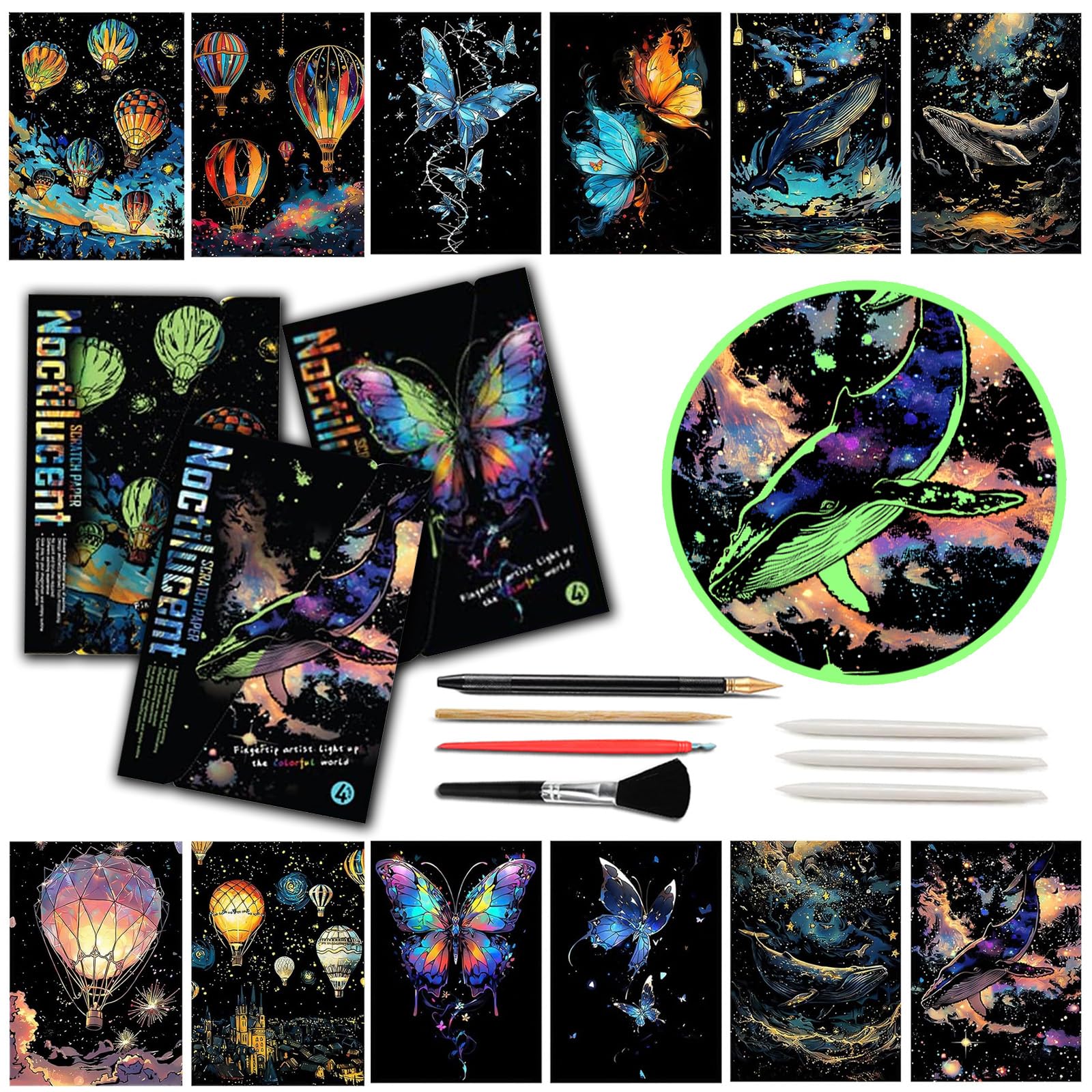 Iskueal Glow in The Dark Scratch Art Paper，Engraved Landscape Scratch Painting Rainbow Board (12 Sheets A4) Adults, Fun Sketch Card Creative Craft Toy (Animals/Landscapes)-image-35